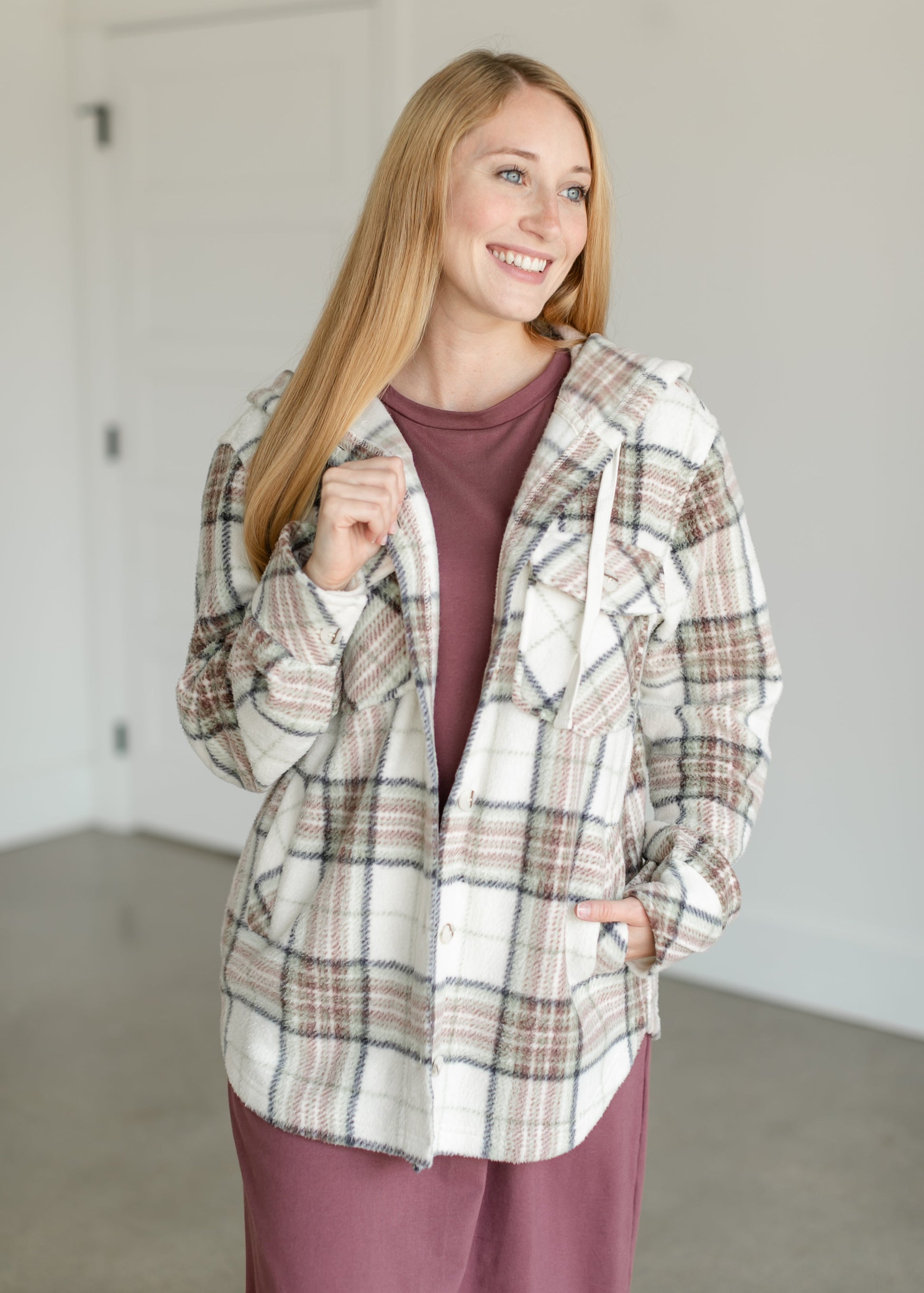 Almira Plaid Hooded Shacket FF Tops