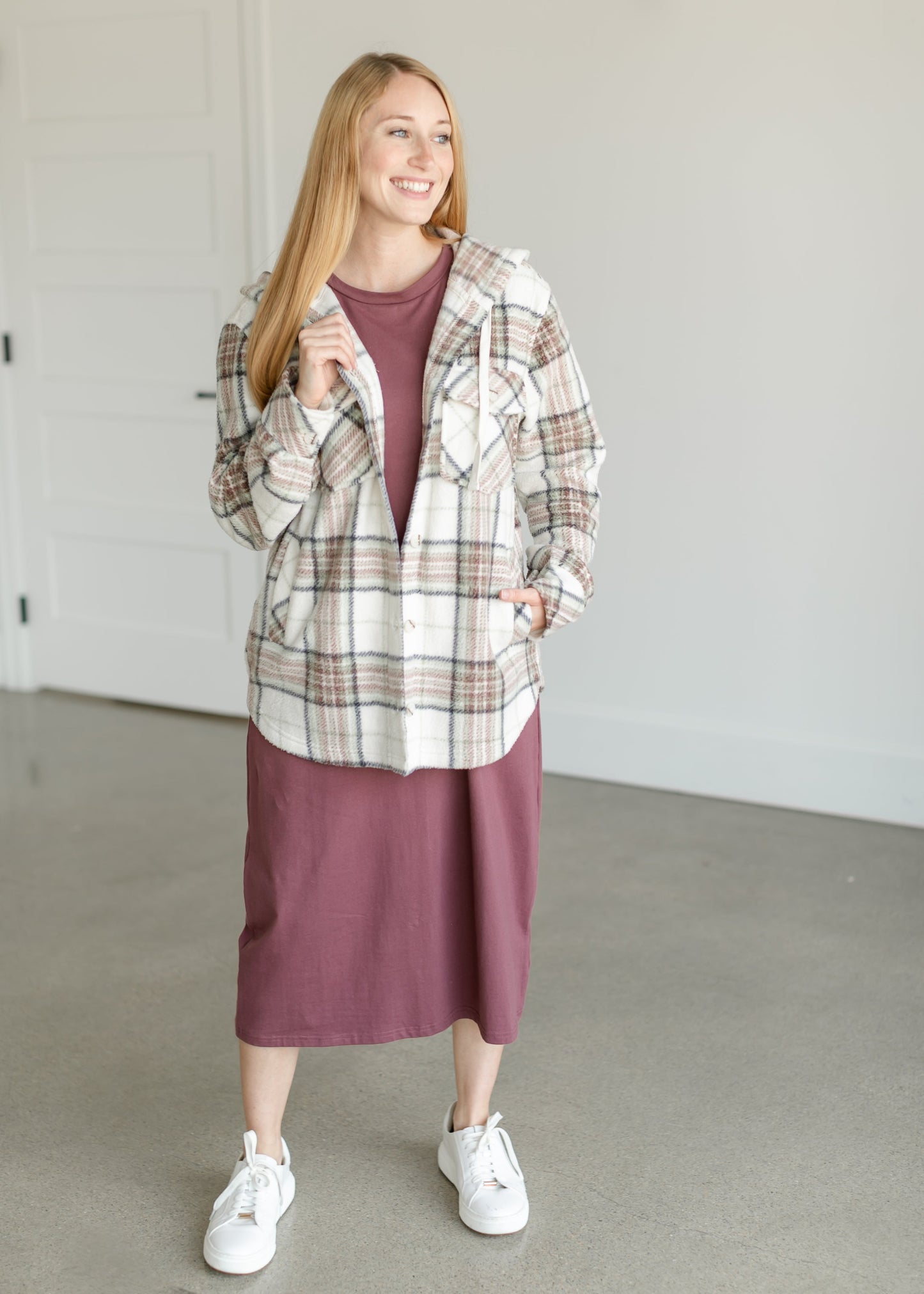 Almira Plaid Hooded Shacket FF Tops