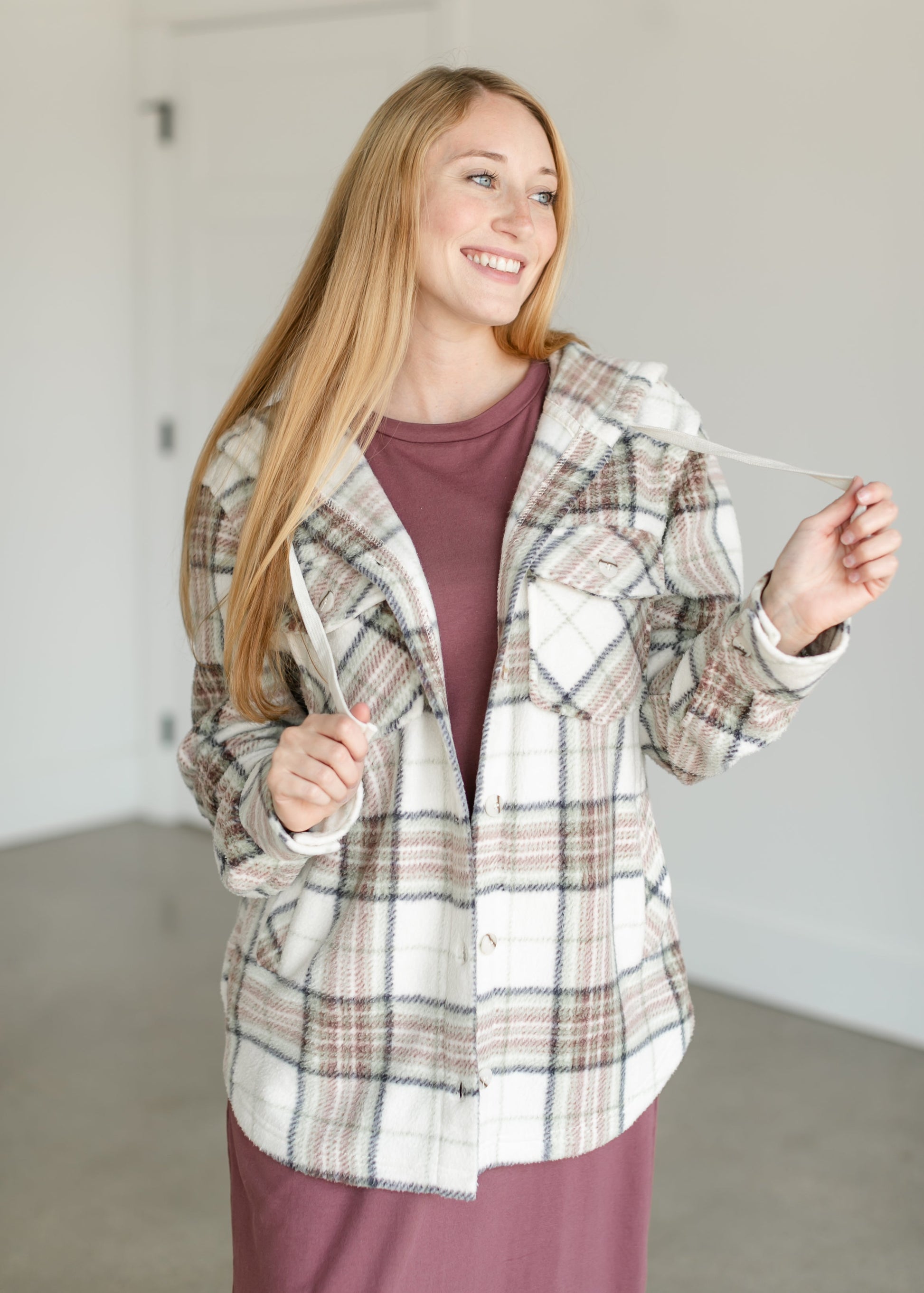 Almira Plaid Hooded Shacket FF Tops