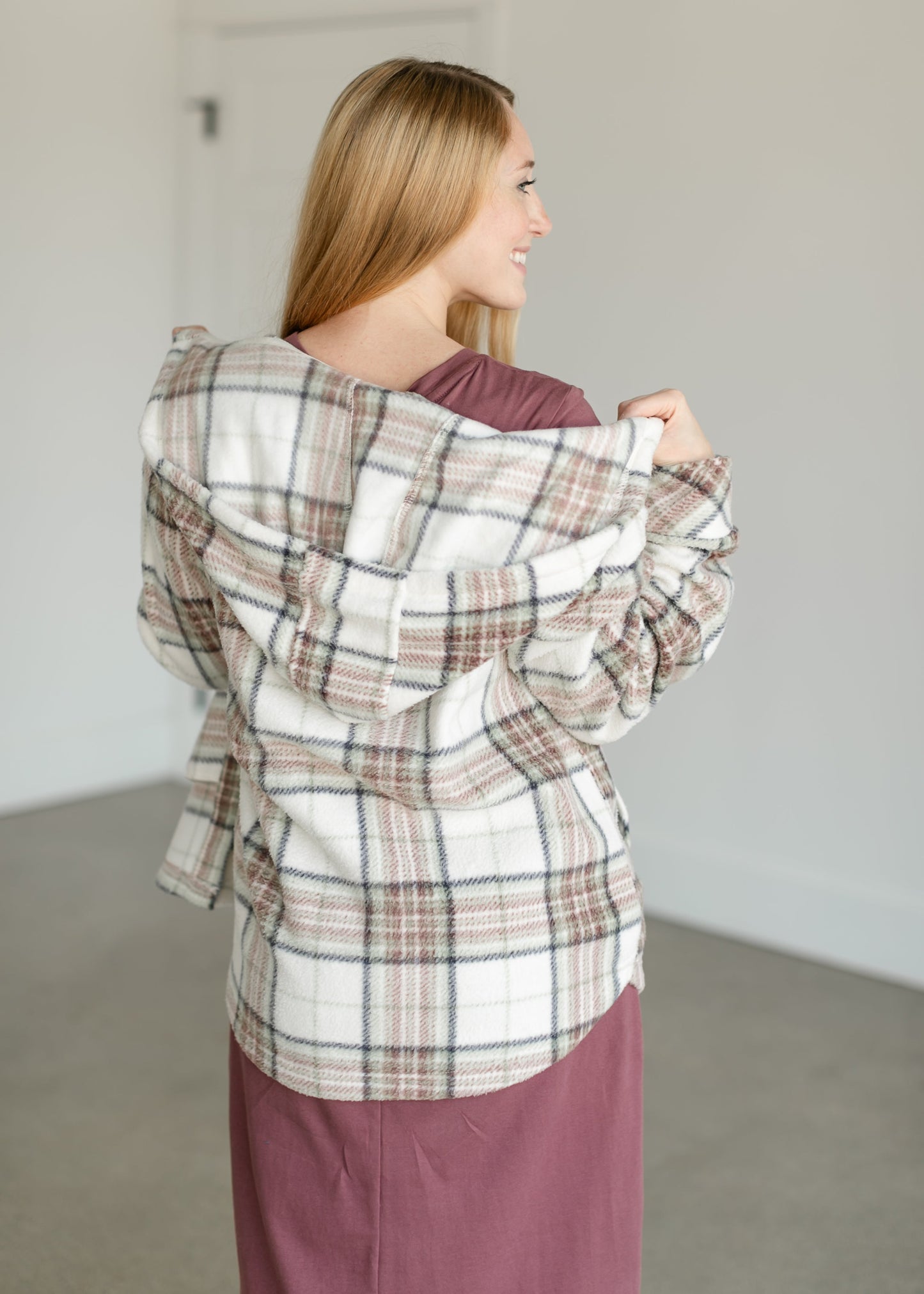 Almira Plaid Hooded Shacket FF Tops