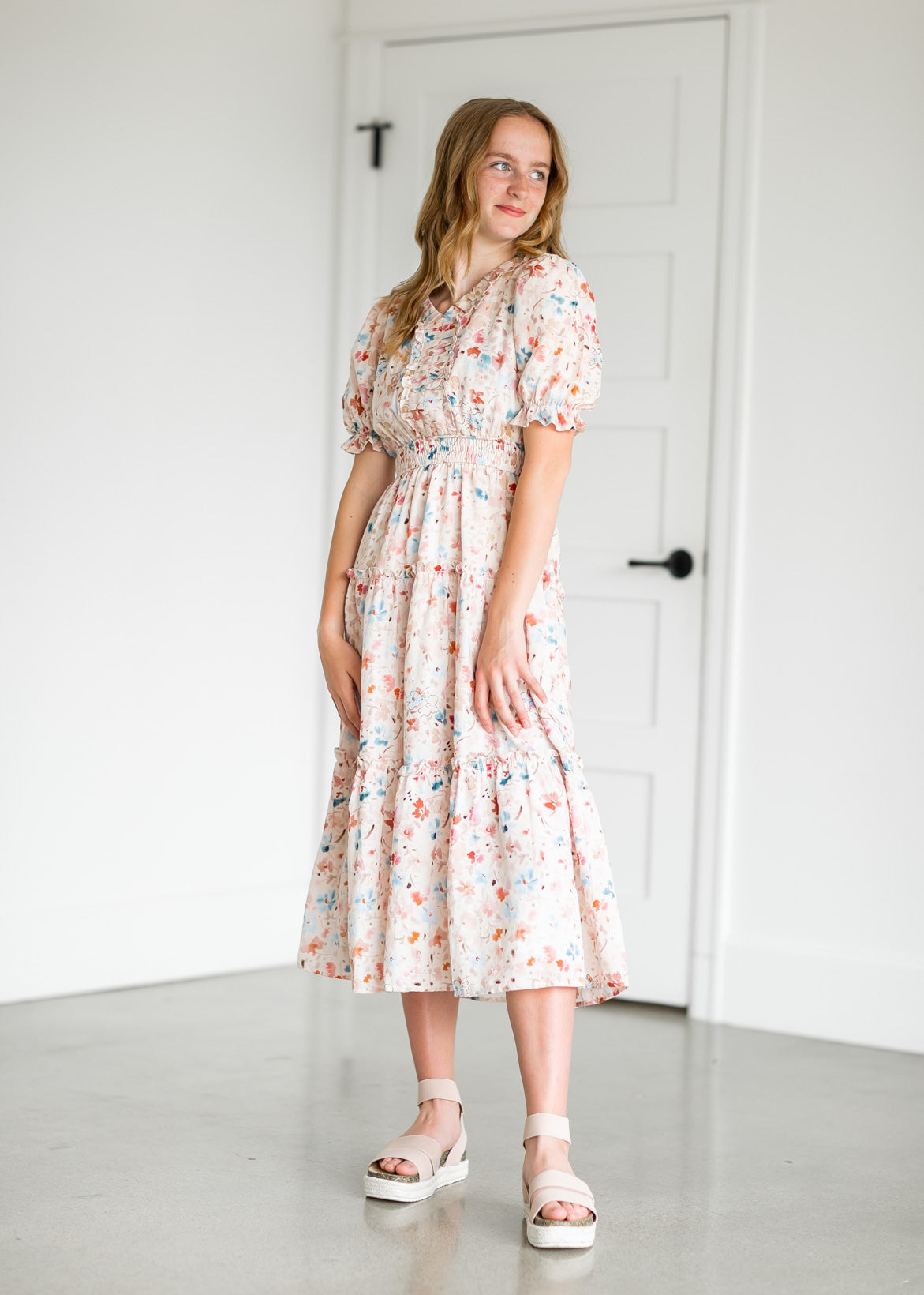 Amanda Floral Ruched V-Neck Tiered Midi Dress IC Dresses