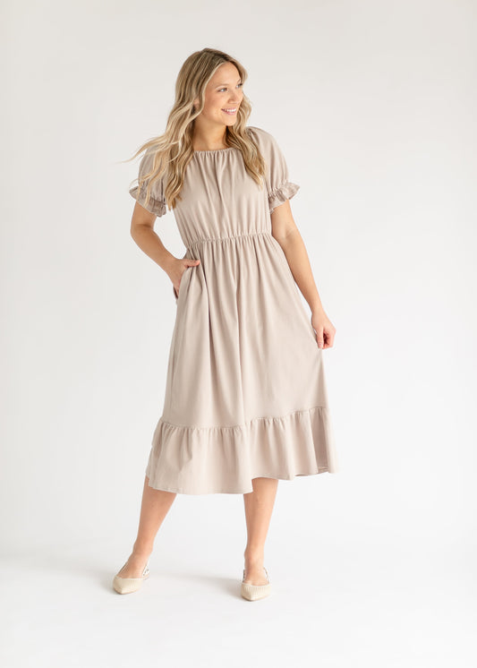 Amy Puff Sleeve Midi Dress IC Dresses Taupe / XS
