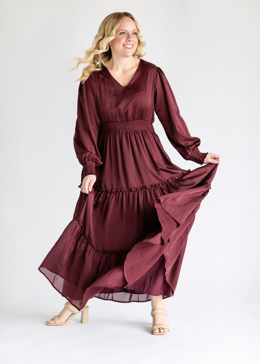 Anastasia Long Sleeve Satin Maxi Dress FF Dresses Burgundy / XS
