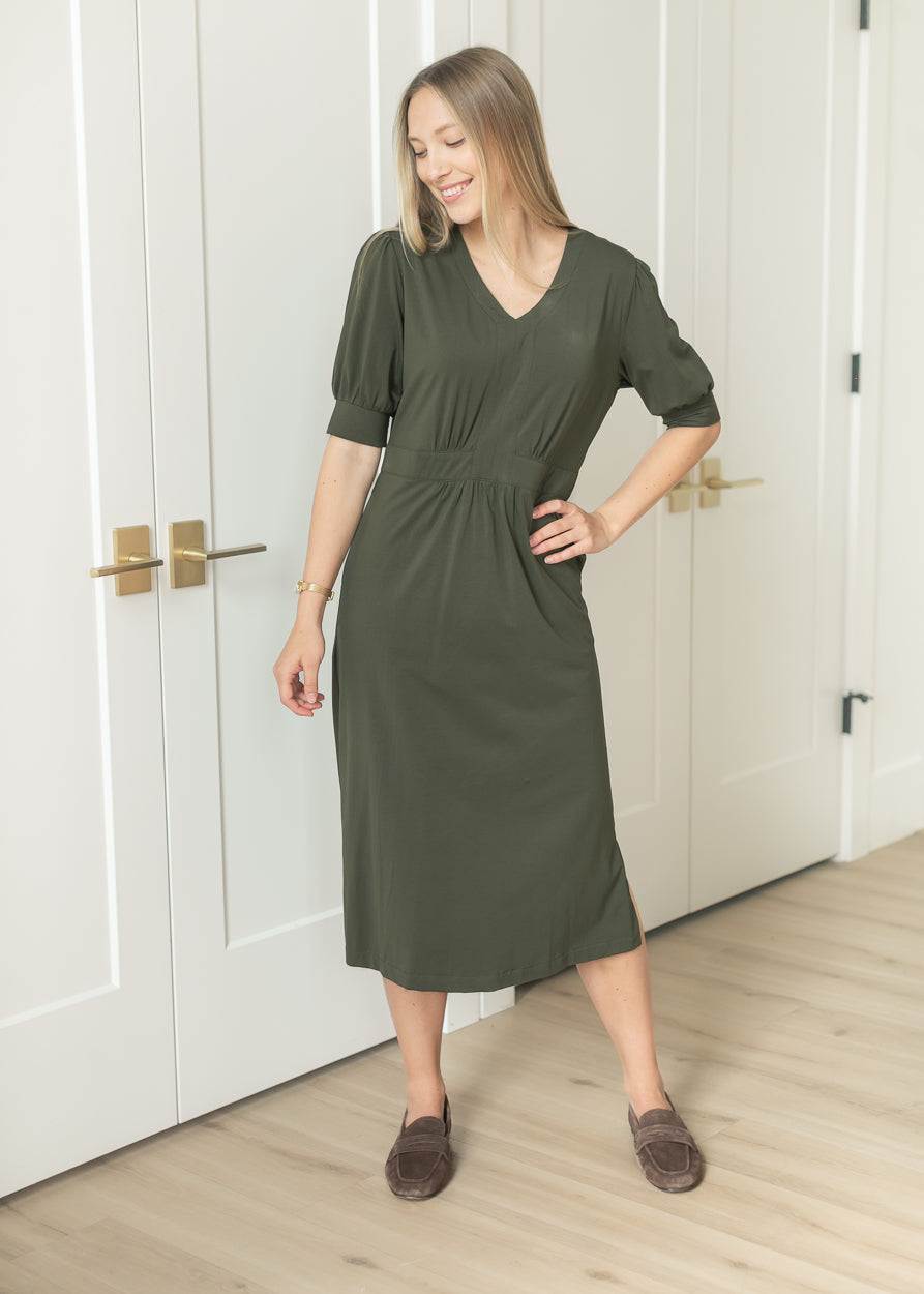 Ashley Puff Sleeve Stretch Waist Midi Dress IC Dresses