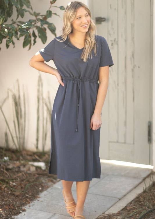 Ashley Short Sleeve Stretch Waist Midi Dress Dresses Washed Navy / XS