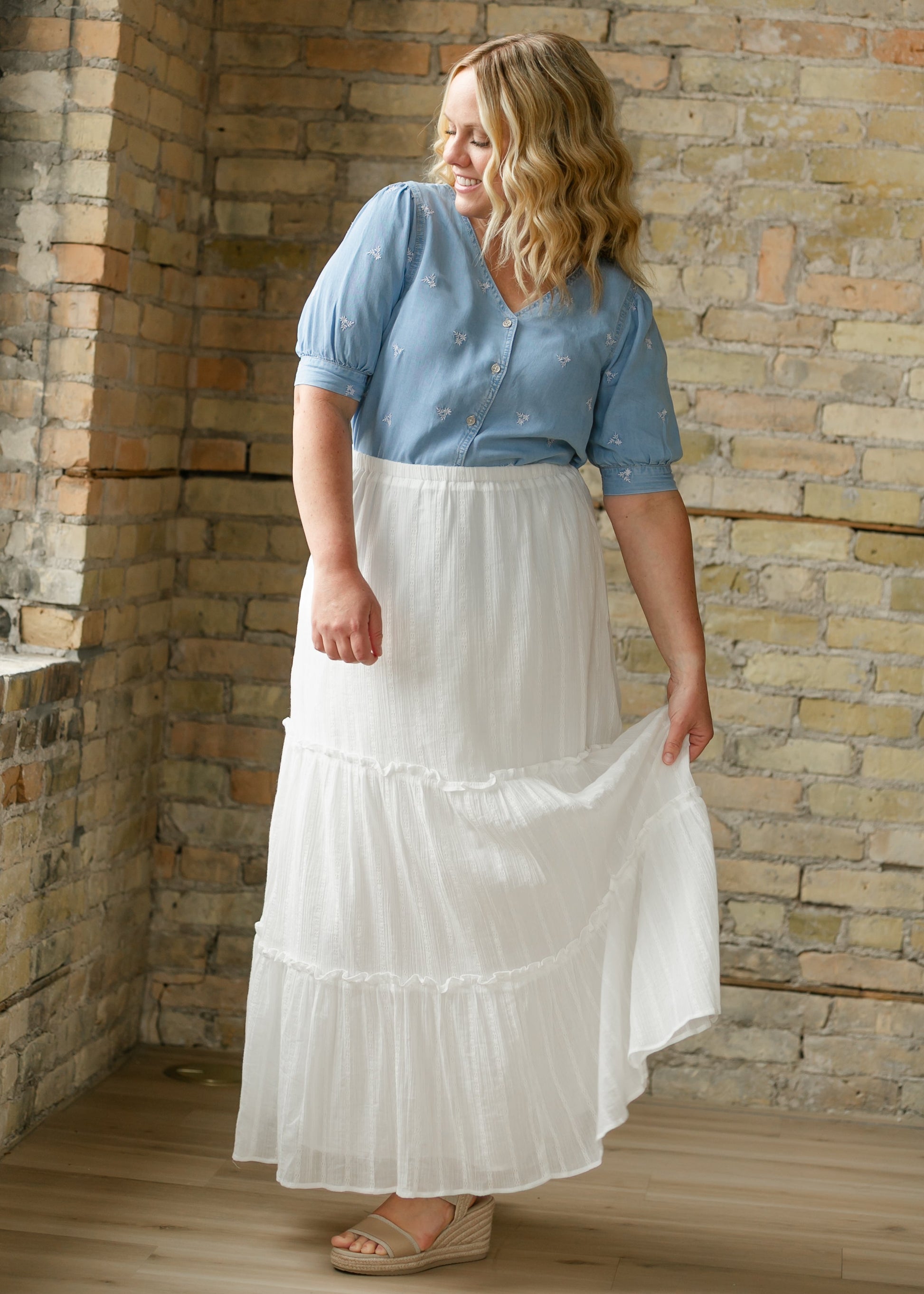 Aspen Embroidered Button Down Shirt FF Tops