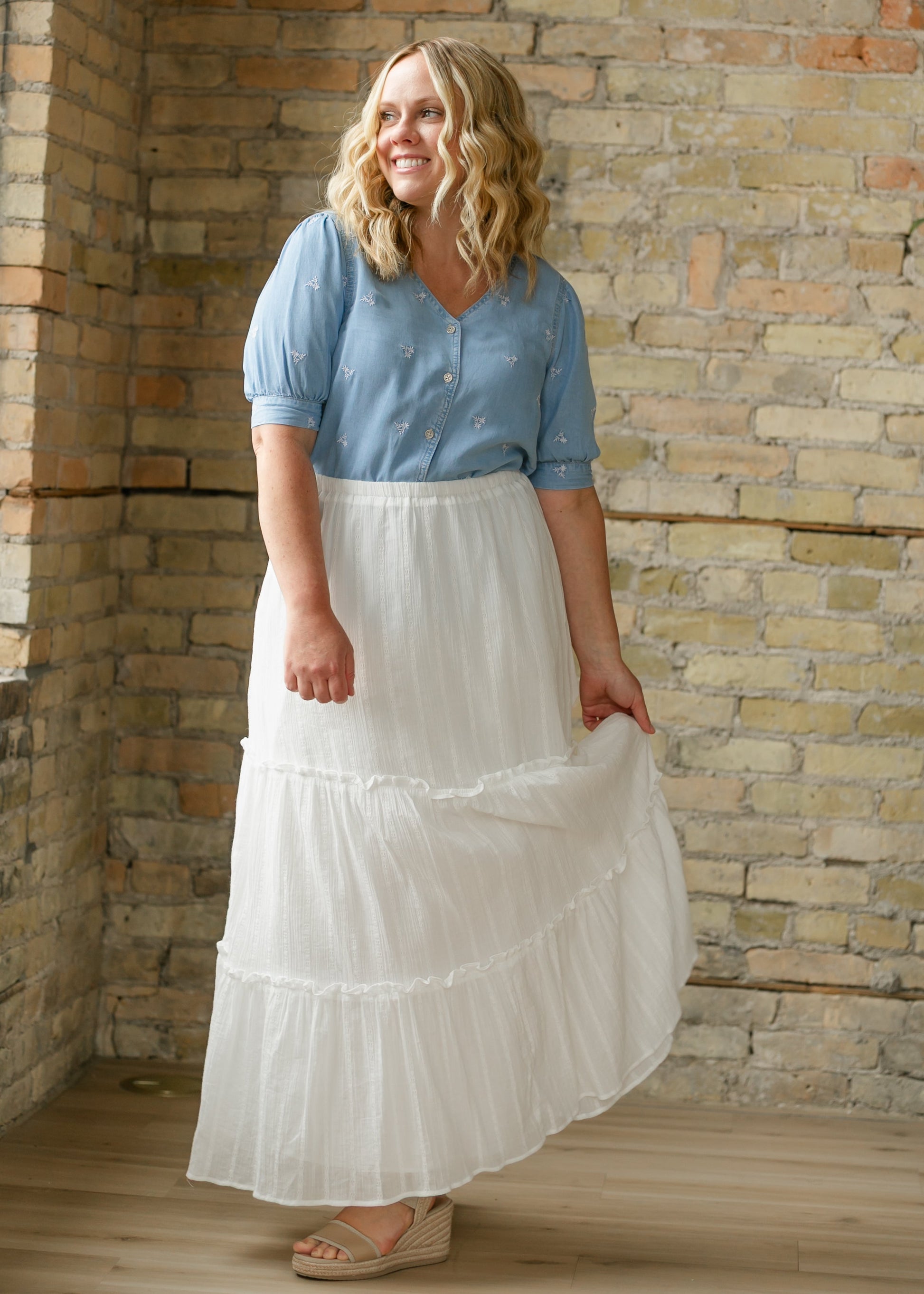 Aspen Embroidered Button Down Shirt FF Tops