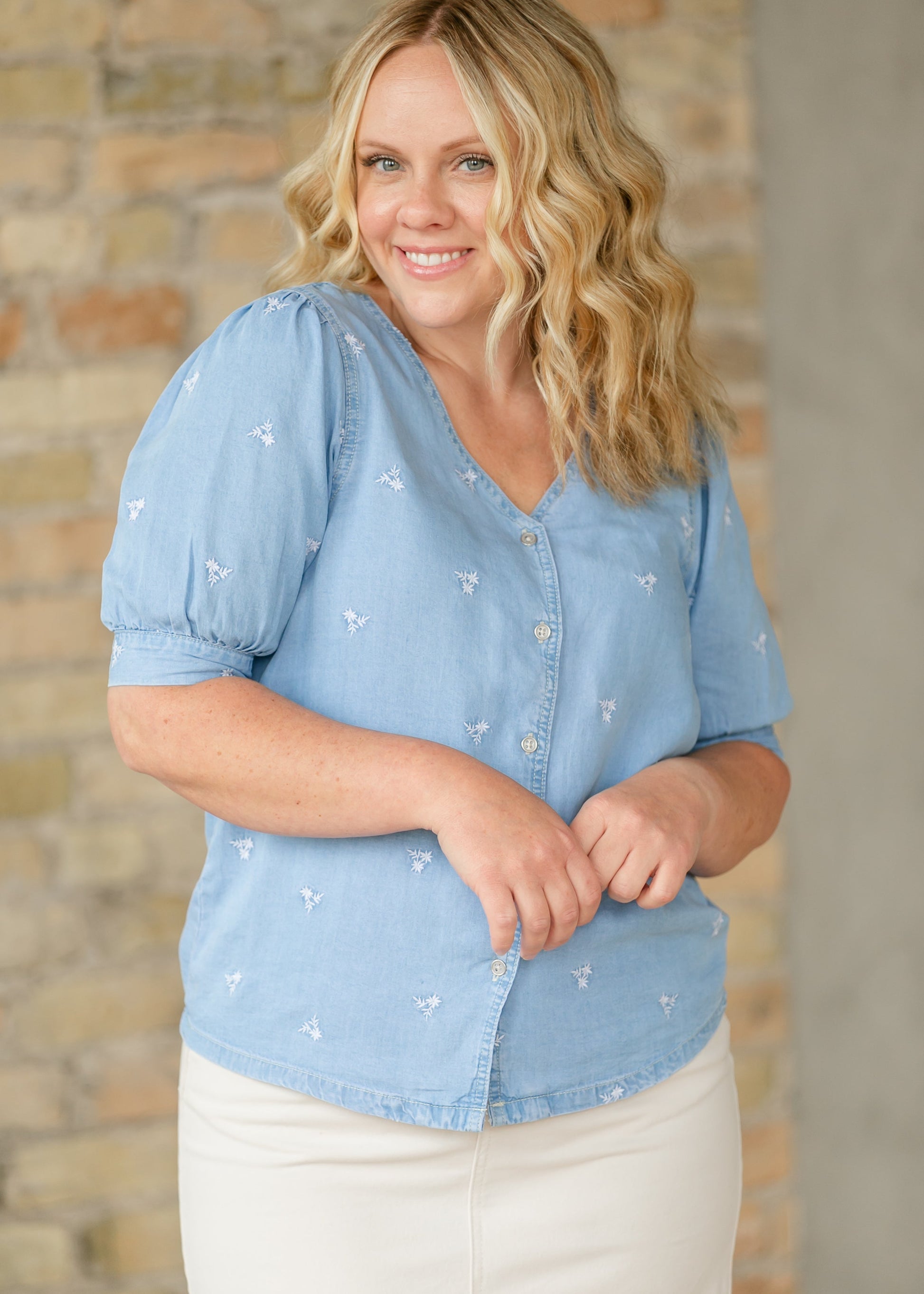 Aspen Embroidered Button Down Shirt FF Tops
