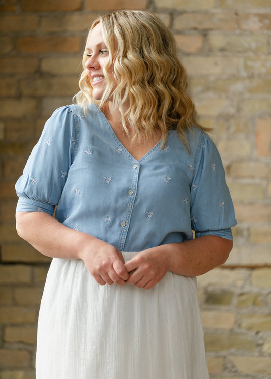 Aspen Embroidered Button Down Shirt FF Tops