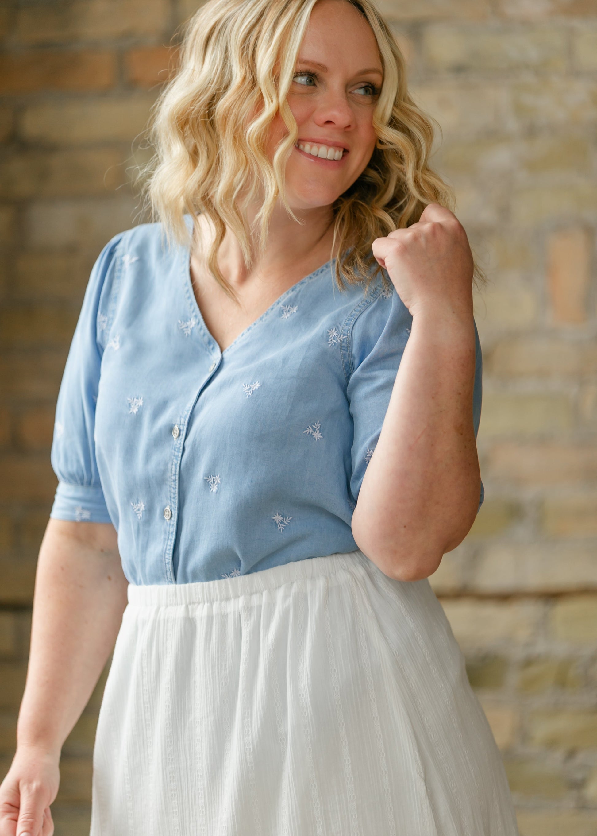 Aspen Embroidered Button Down Shirt FF Tops