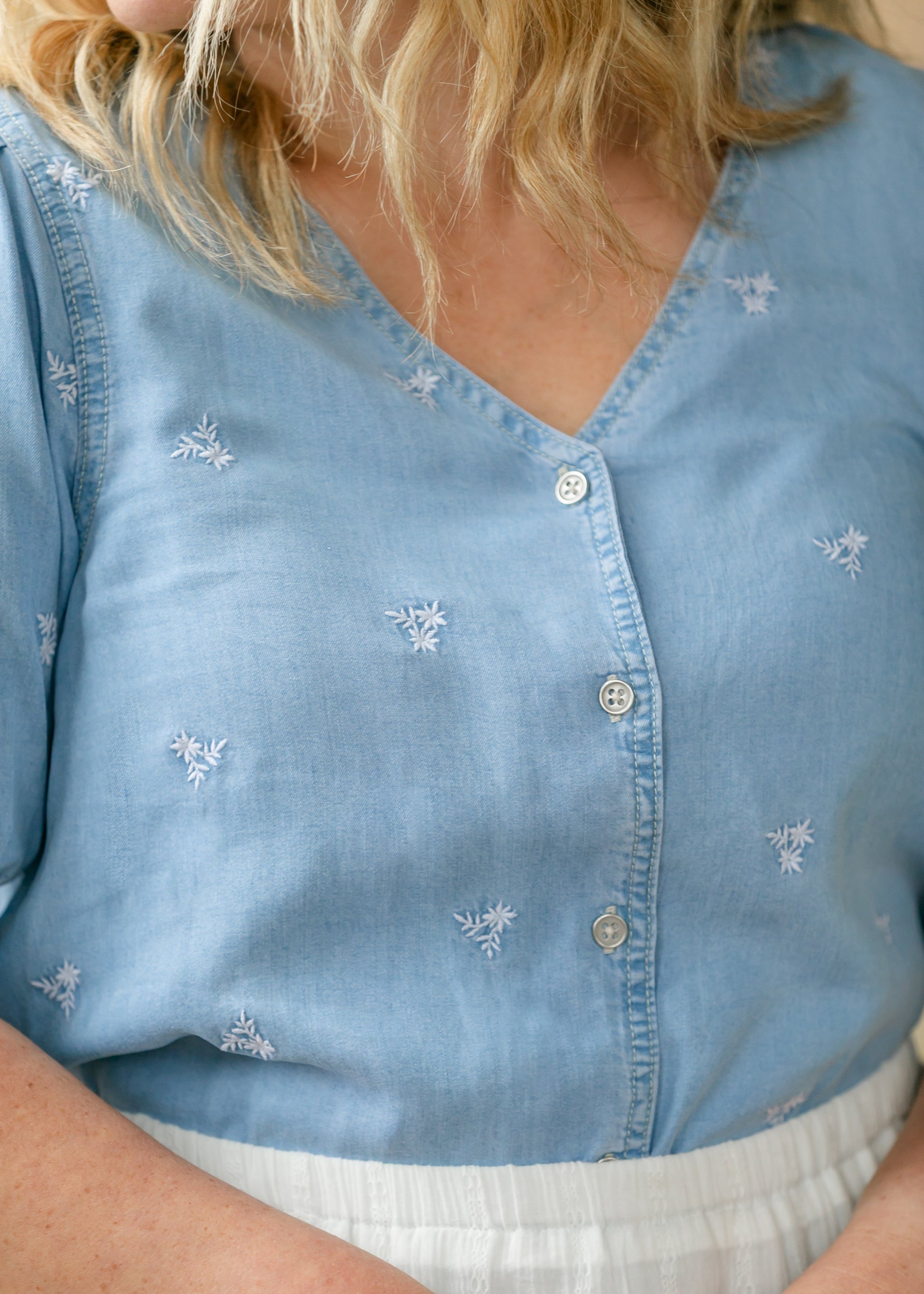 Aspen Embroidered Button Down Shirt FF Tops