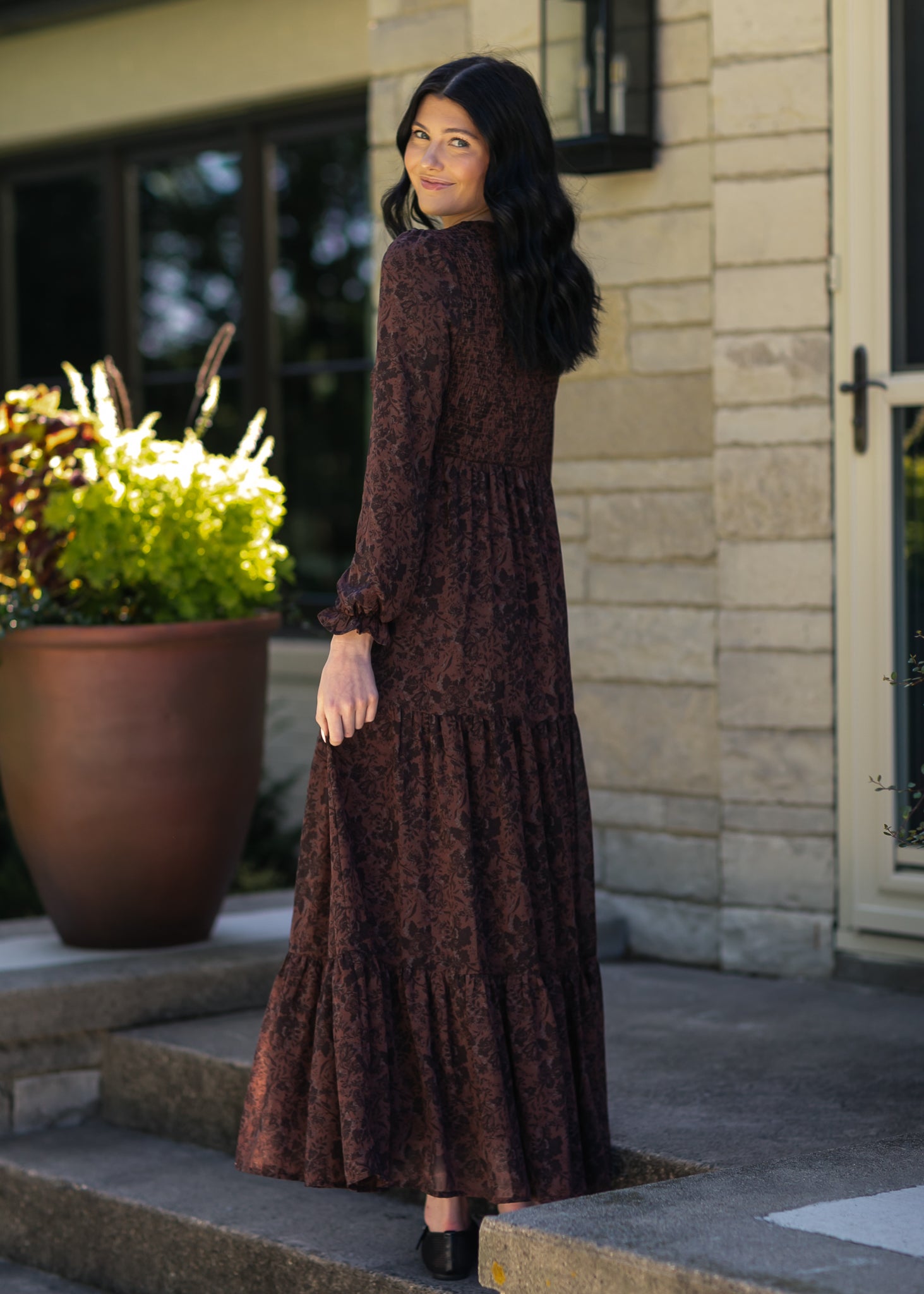 chinese dress ladies Aurora Slinky and Mesh Split Maxi Dress / Mahogany | Meshki main image 0