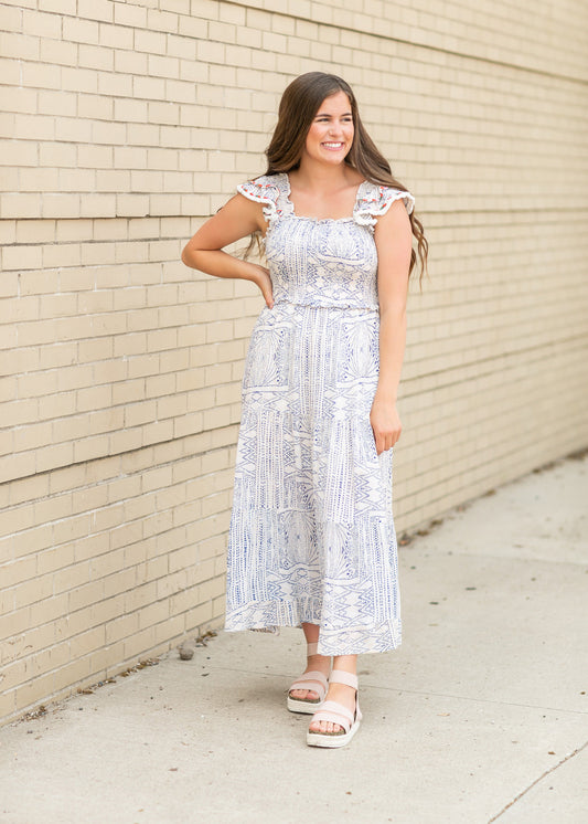 Aztec Dot Print Smocked Maxi Dress Dresses