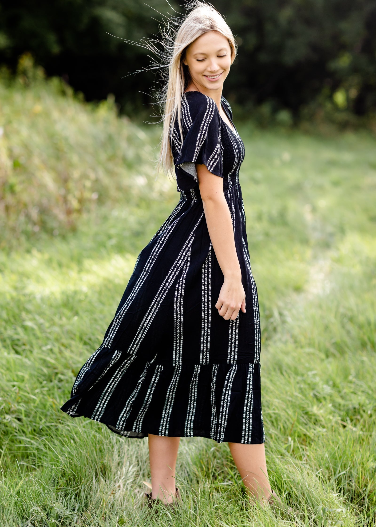 Aztec Print Smocking Midi Dress-FINAL SALE FF Dresses