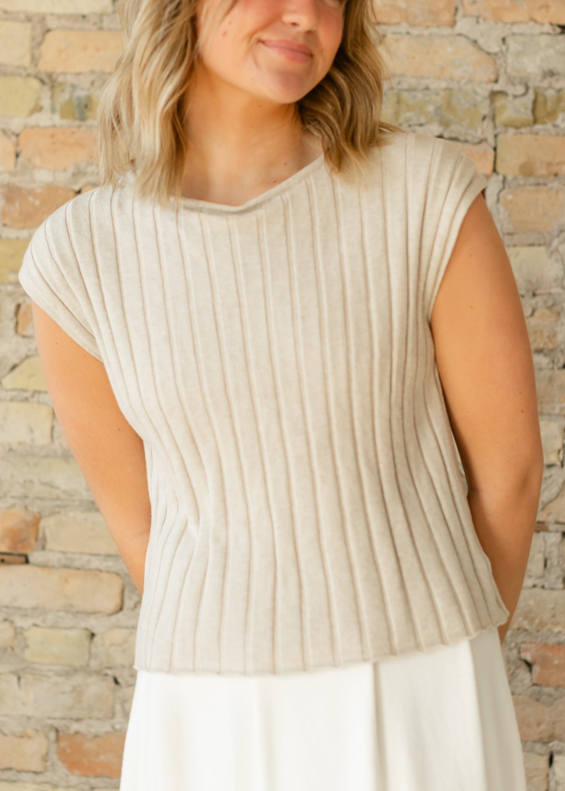 Back Button Cap Sleeve Ribbed Sweater FF Tops