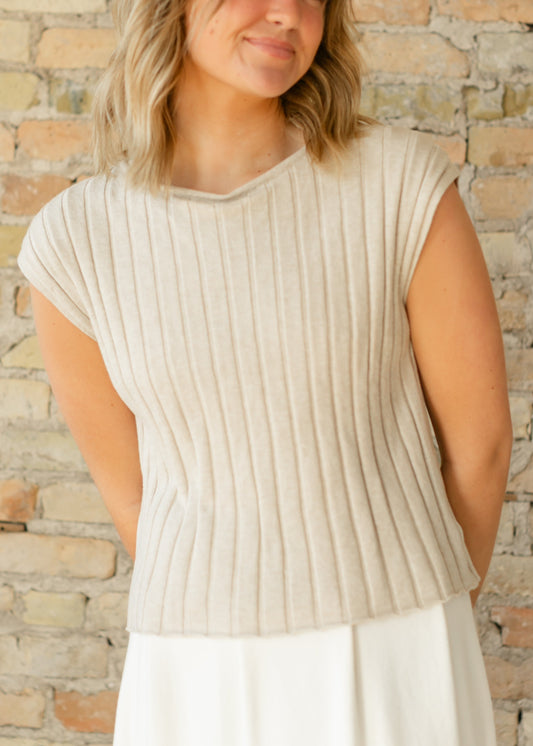 Back Button Cap Sleeve Ribbed Sweater FF Tops
