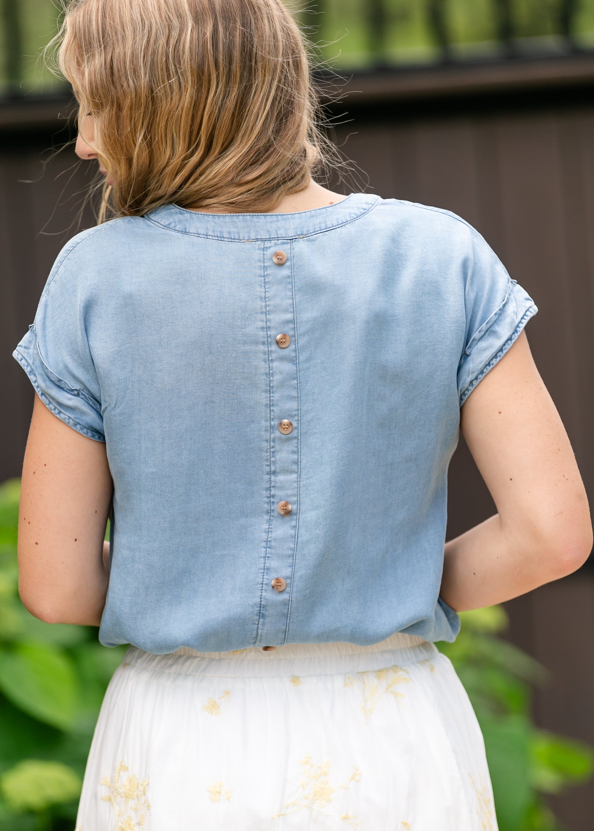 Back Button Chambray Top FF Tops
