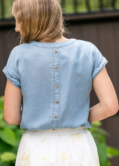 Back Button Chambray Top FF Tops