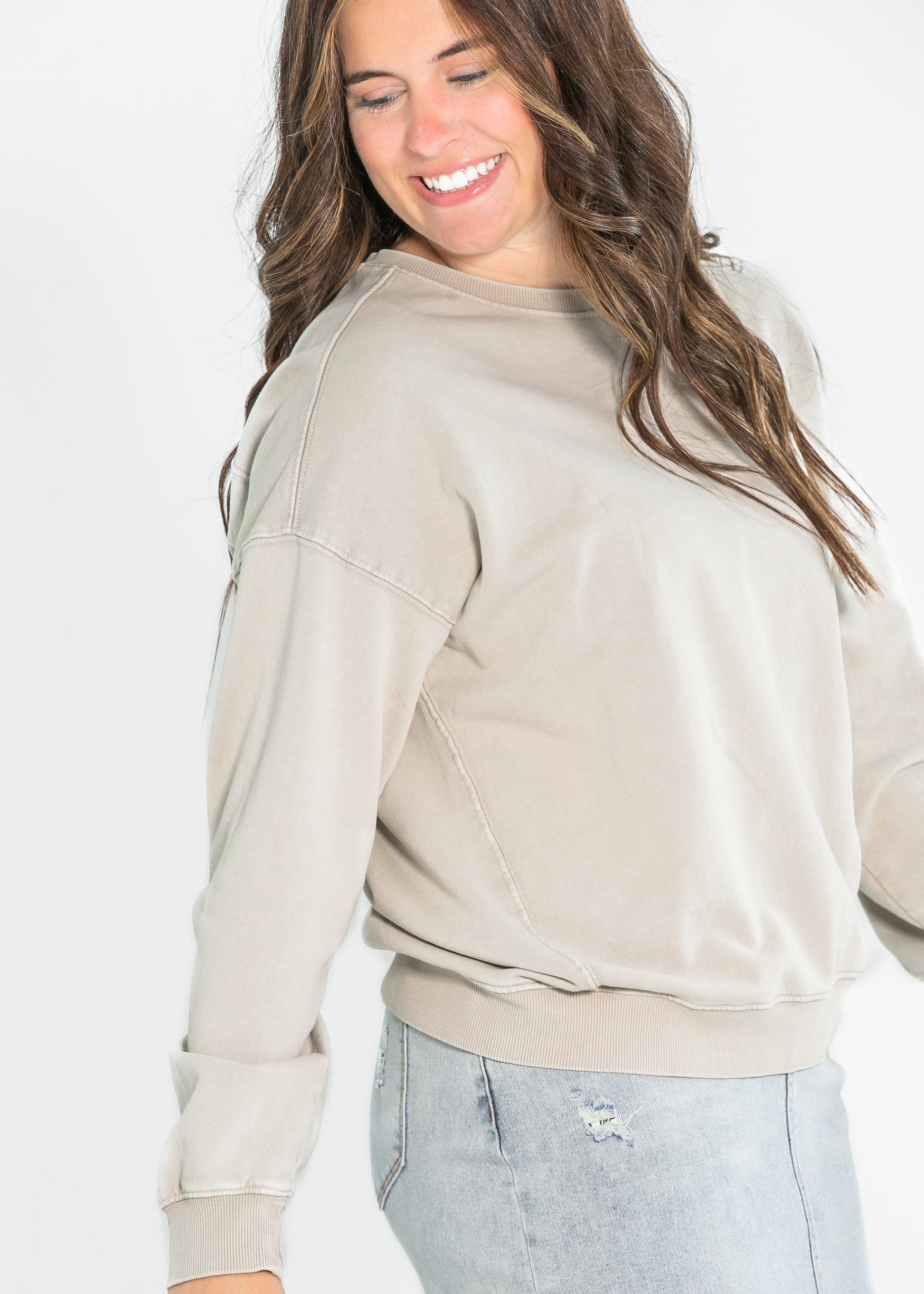 Basic Acid Wash Pullover Crewneck Sweatshirt FF Tops S