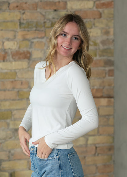 Basic Soft V-Neck Long Sleeve T-shirt FF Tops