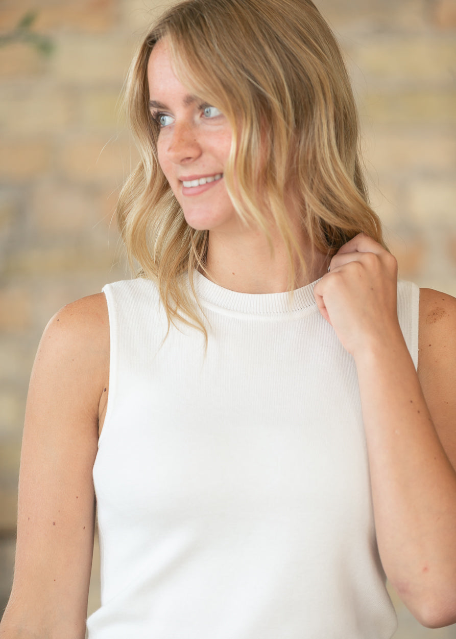 Basic White Knit Sleeveless Top FF Tops