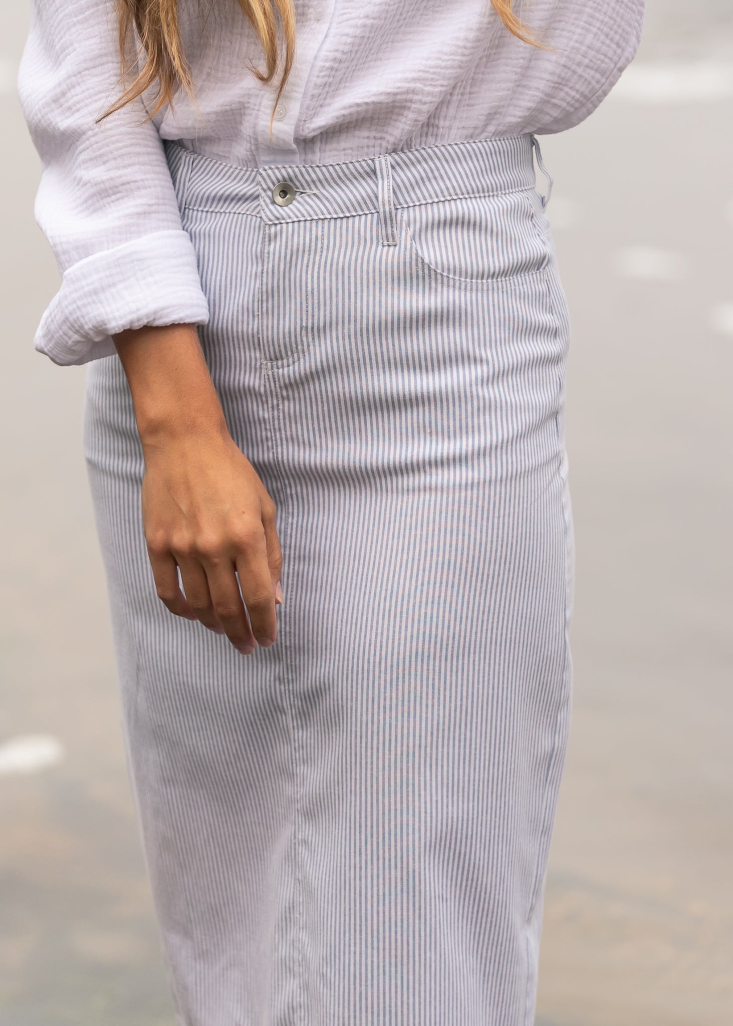 Bay Light Blue Striped Midi Skirt IC Skirts