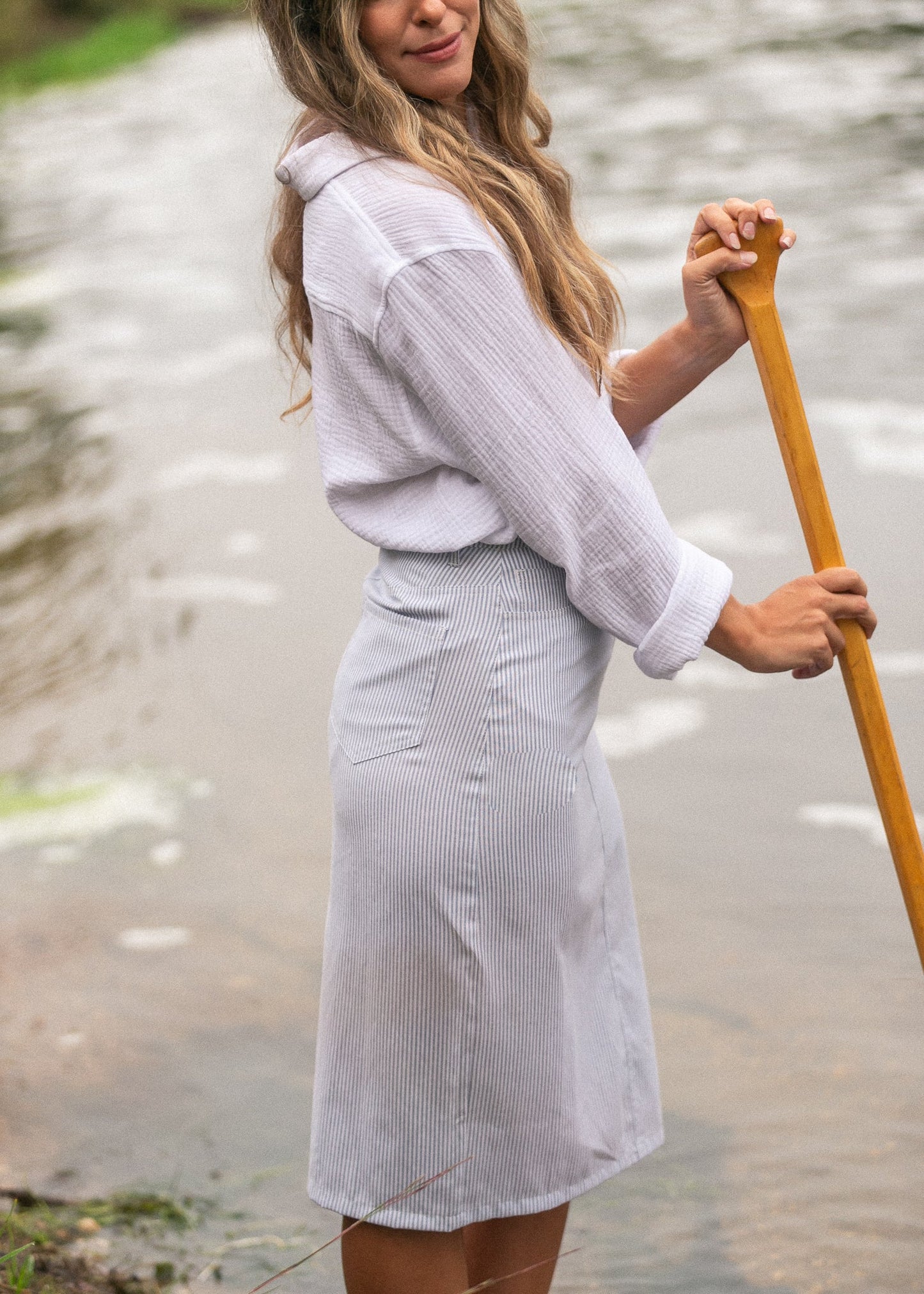 Bay Light Blue Striped Midi Skirt IC Skirts