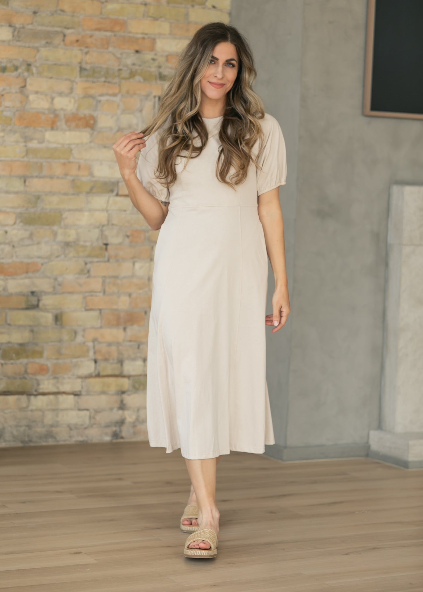 Ribbed Midi Dress, Beige
