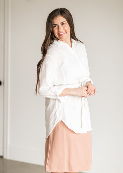 Belted Crinkle Cotton Button Up Top - FINAL SALE FF Tops White / XS