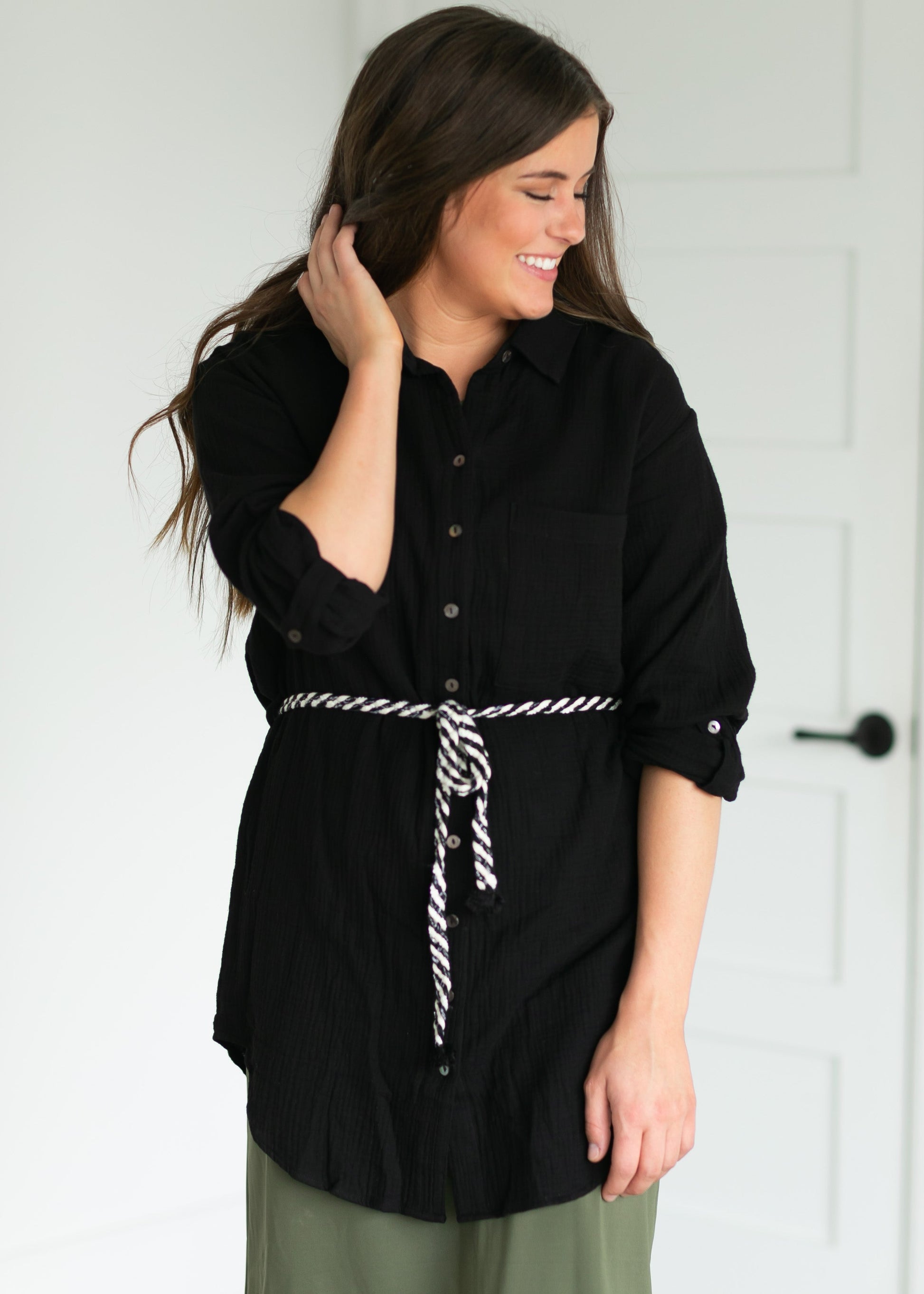 Belted Crinkle Cotton Button Up Top Tops