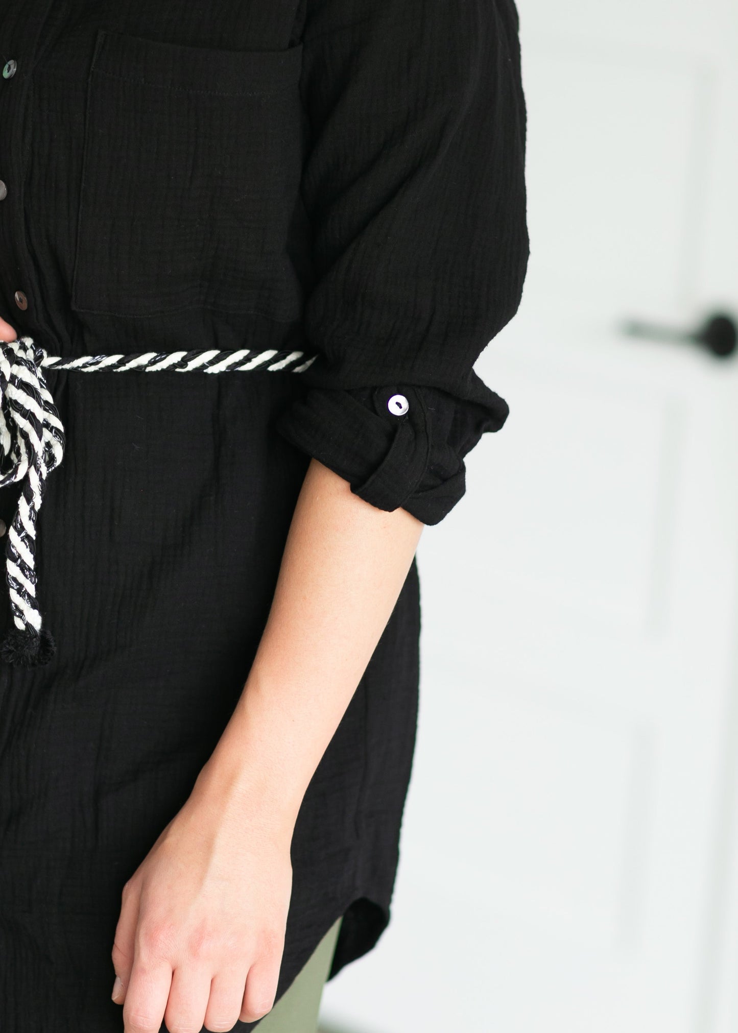 Belted Crinkle Cotton Button Up Top Tops