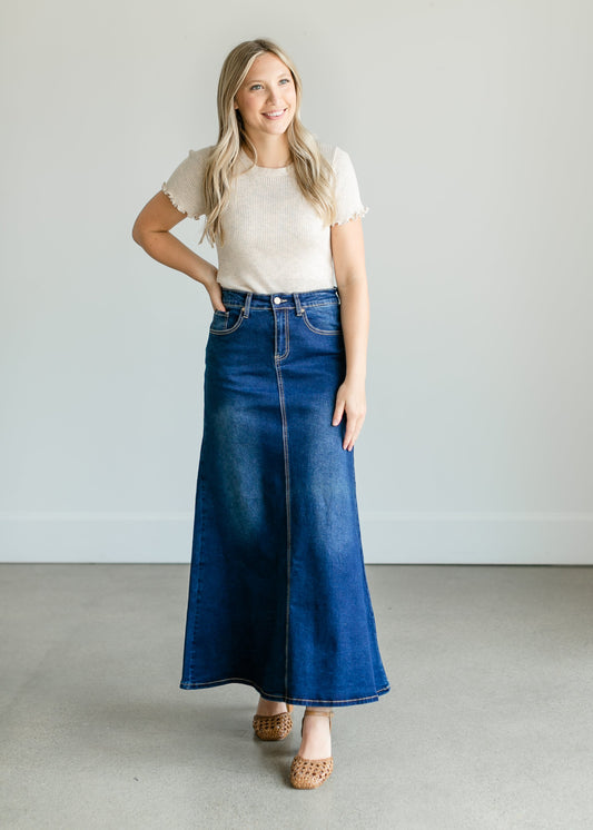 Bethany A-line Long Denim Skirt IC Skirts