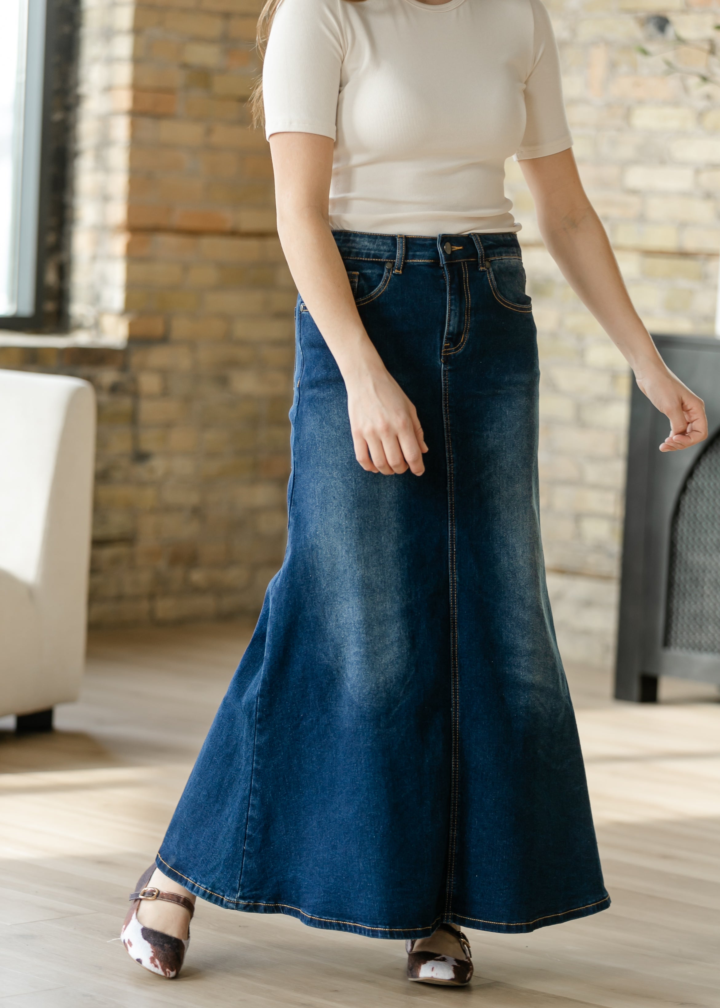 Bethany Dark Wash A-line Long Denim Skirt – Inherit Co.
