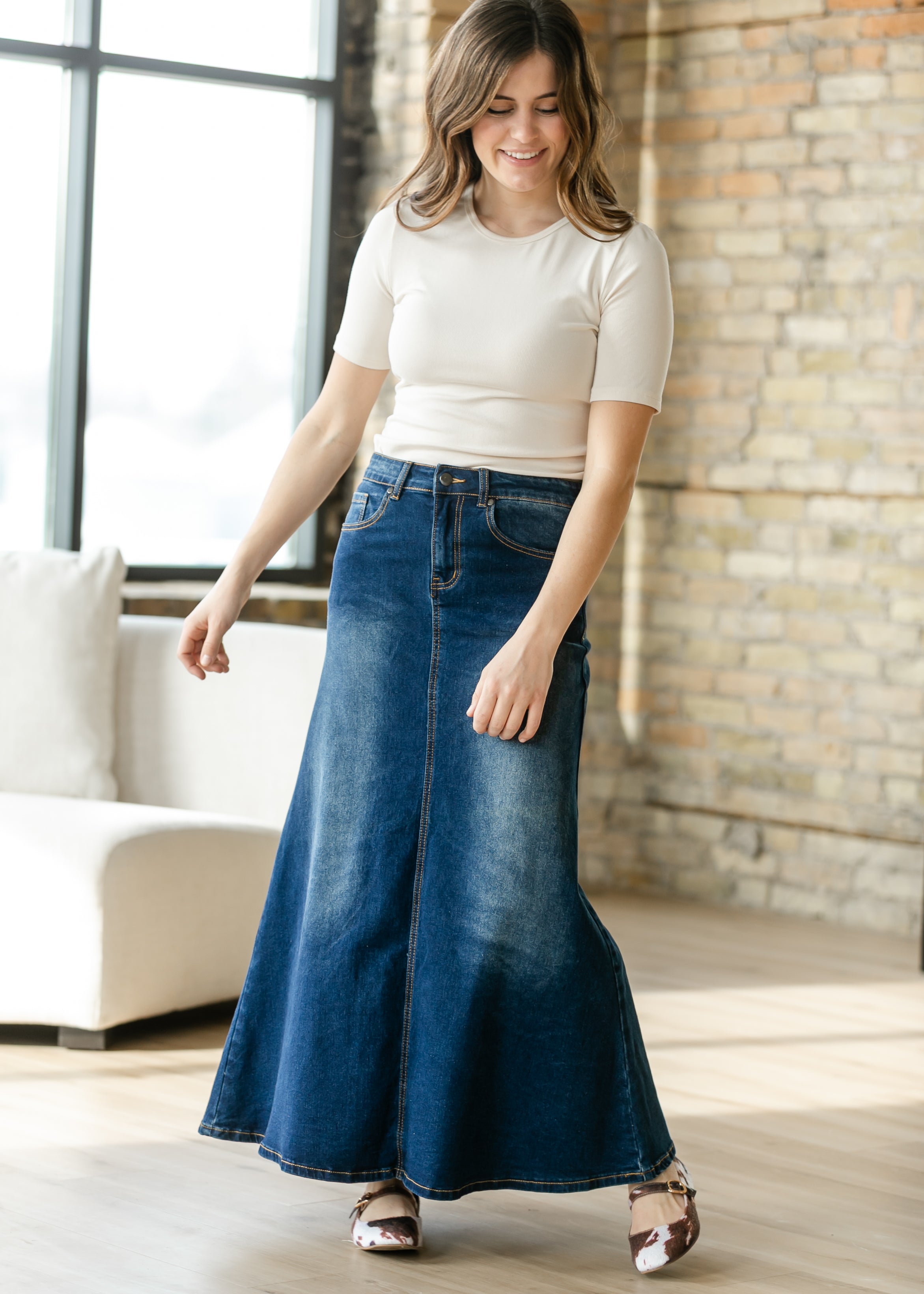 〈美品〉Ameri / RIB MIX DENIM SKIRT 25inch Bethany Dark Wash A-line Long Denim Skirt – Inherit Co.