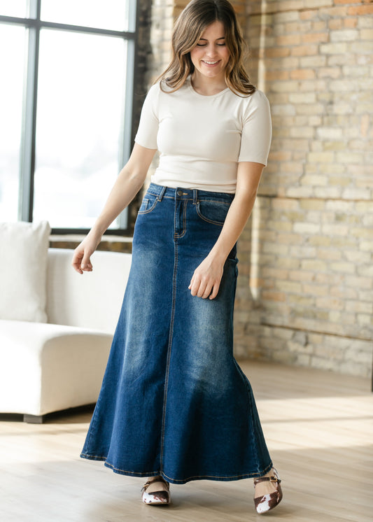 Bethany Dark Wash A-line Long Denim Skirt IC Skirts 2