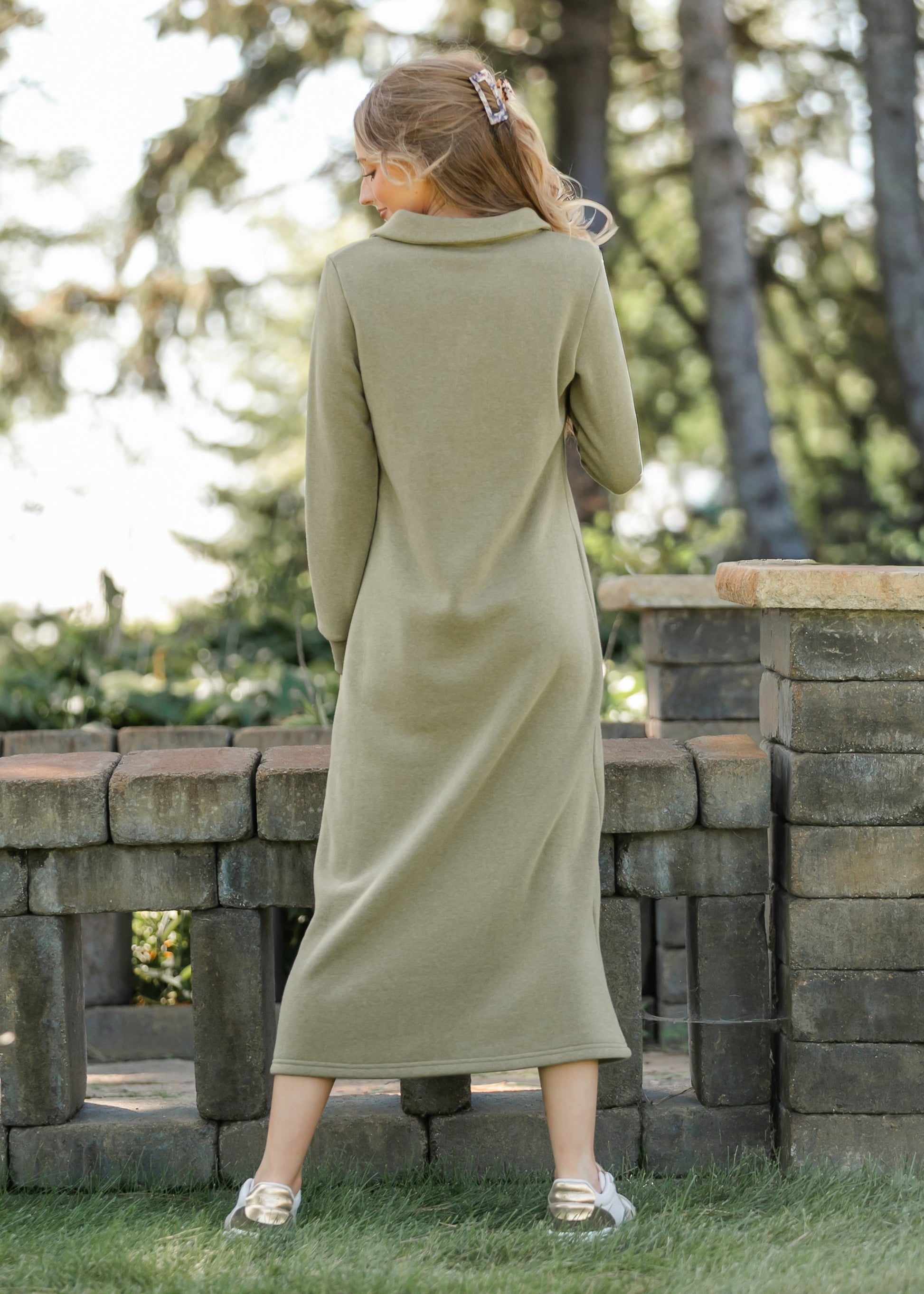sweatshirt dress dresses Modest Maxi Sweatshirt Dress - FARES - Taupe - Half Zip Opening