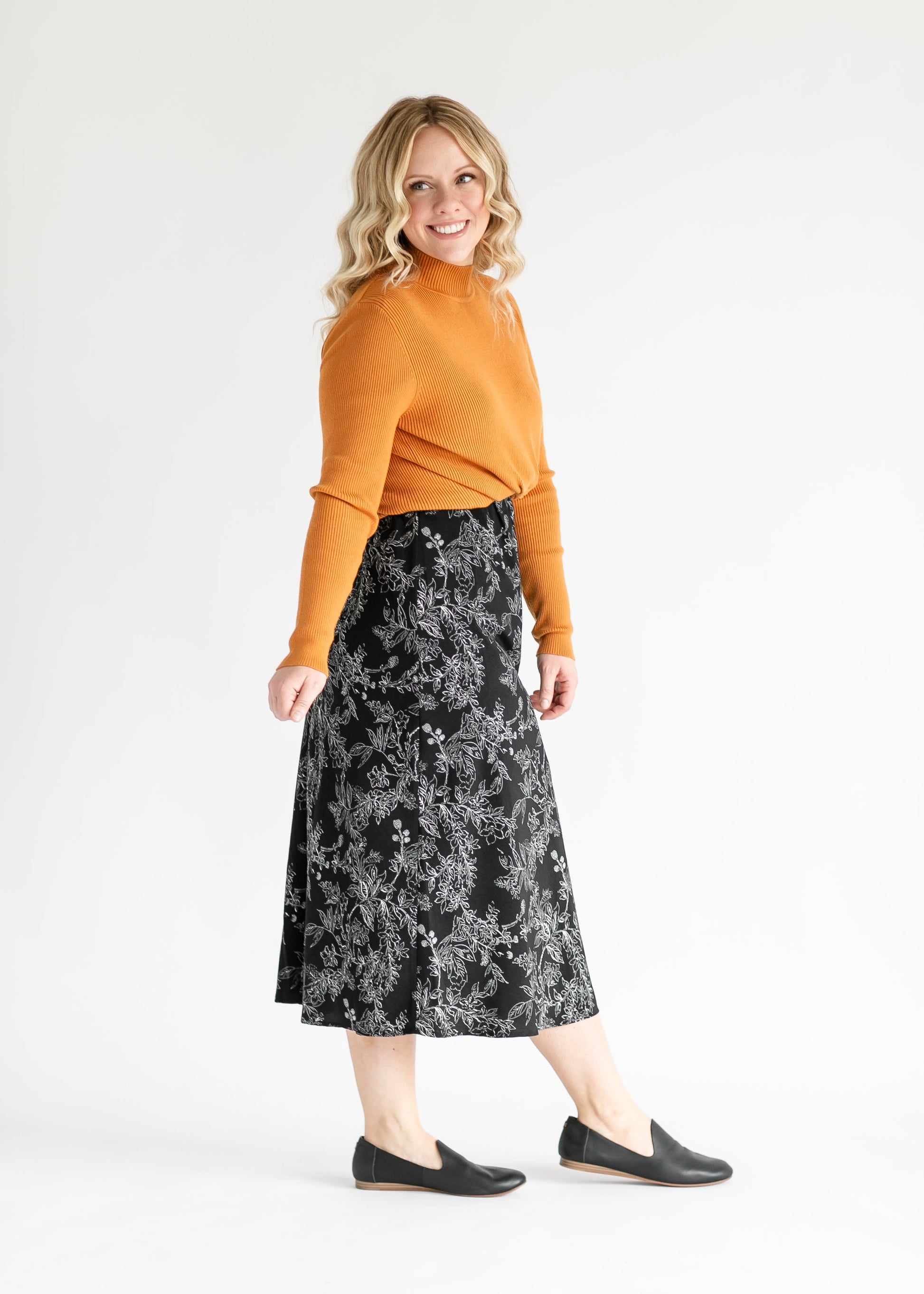 Black A-line Floral Midi Skirt FF Skirts