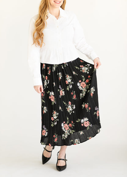 Black Floral Pleated Midi Skirt FF Skirts
