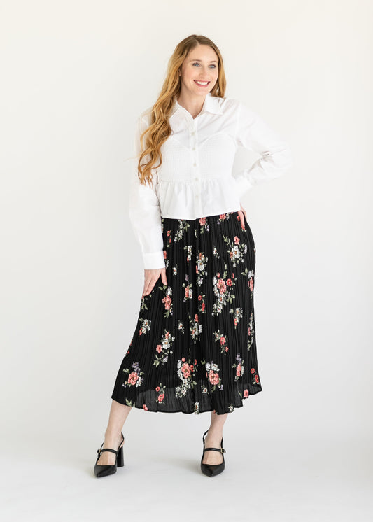 Black Floral Pleated Midi Skirt FF Skirts