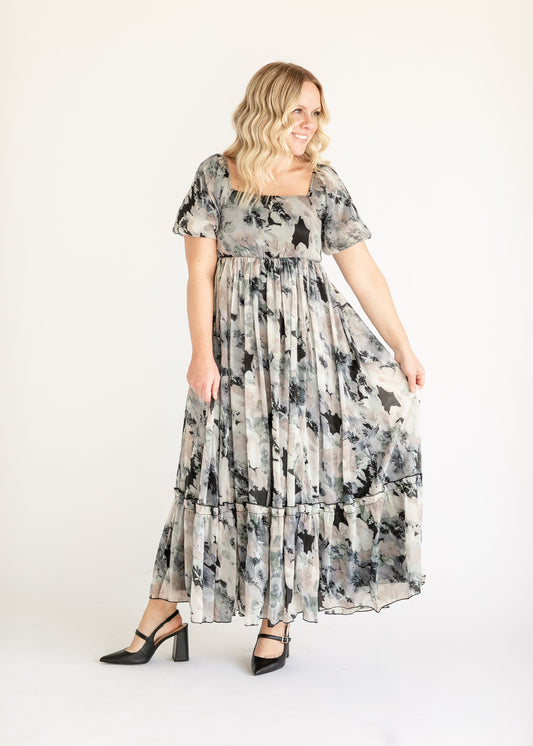 Black Floral Puff Sleeve Maxi Dress FF Dresses
