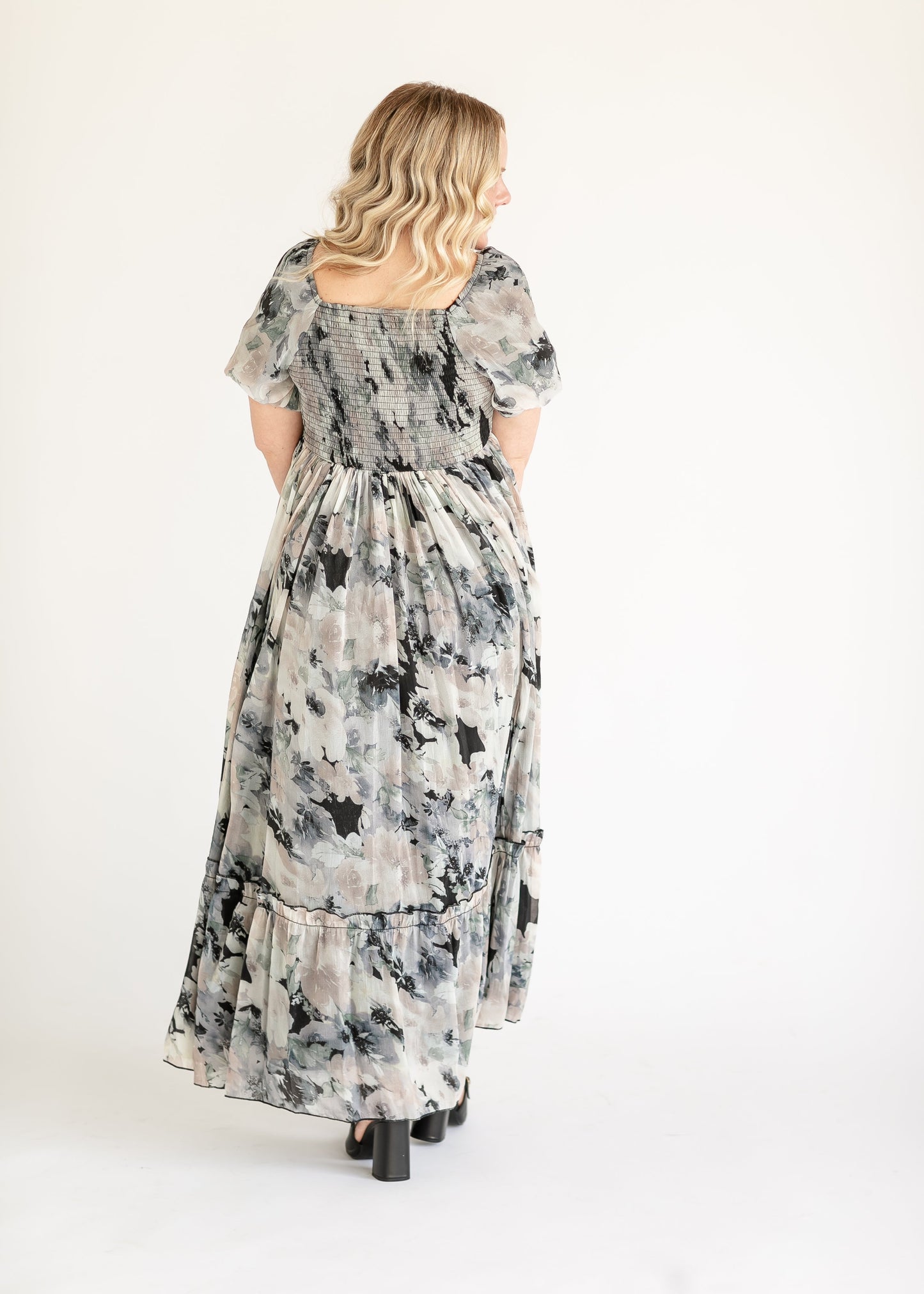 Black Floral Puff Sleeve Maxi Dress FF Dresses