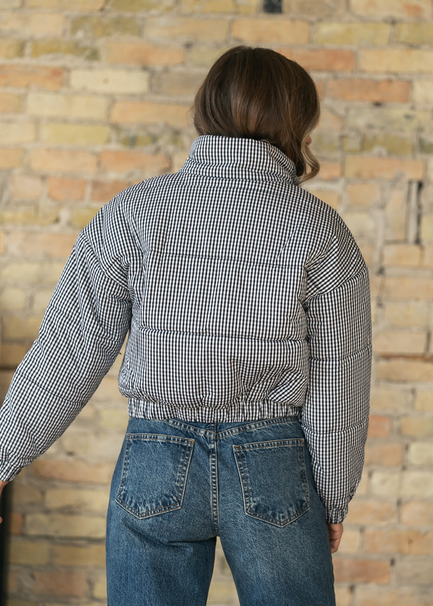 Black Gingham Zip-Up Puffer Jacket FF Tops