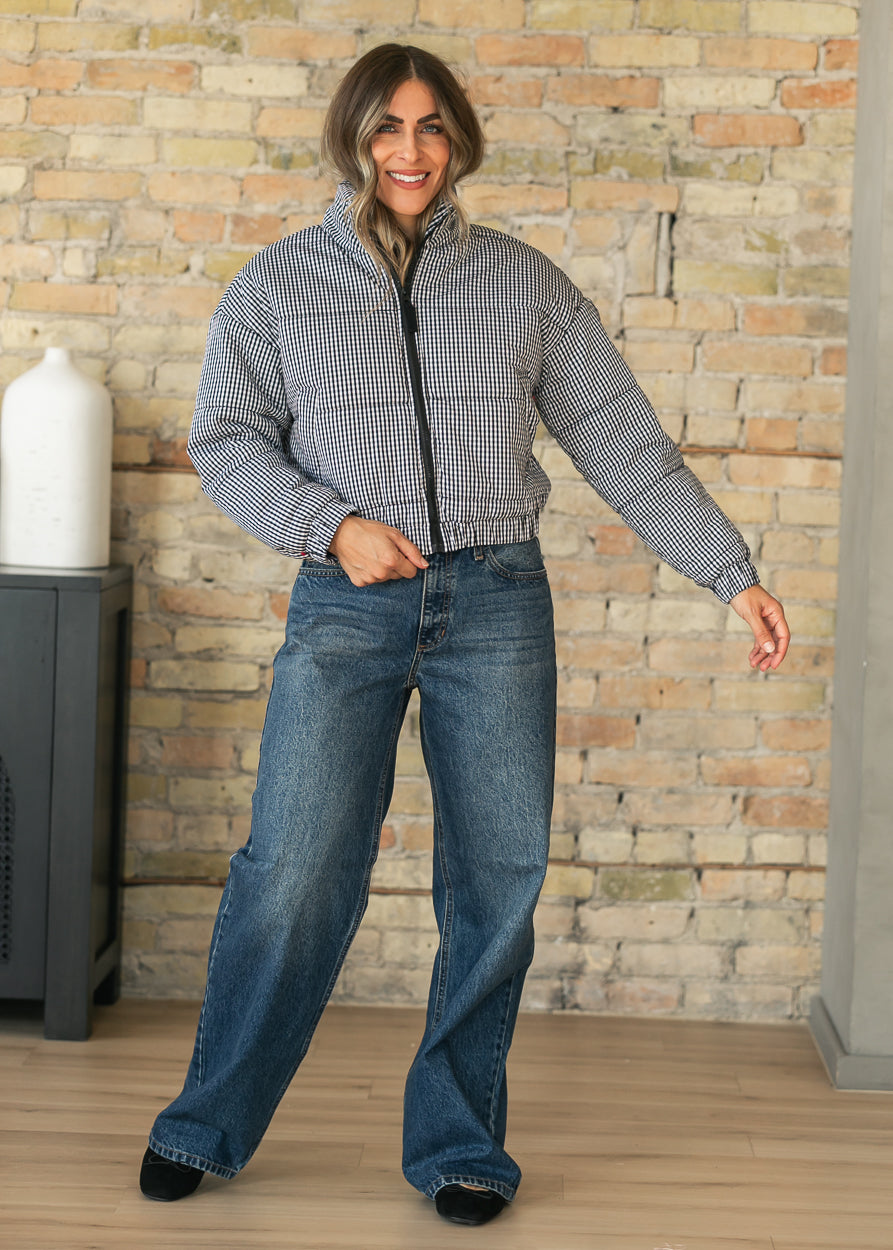 Black Gingham Zip-Up Puffer Jacket FF Tops