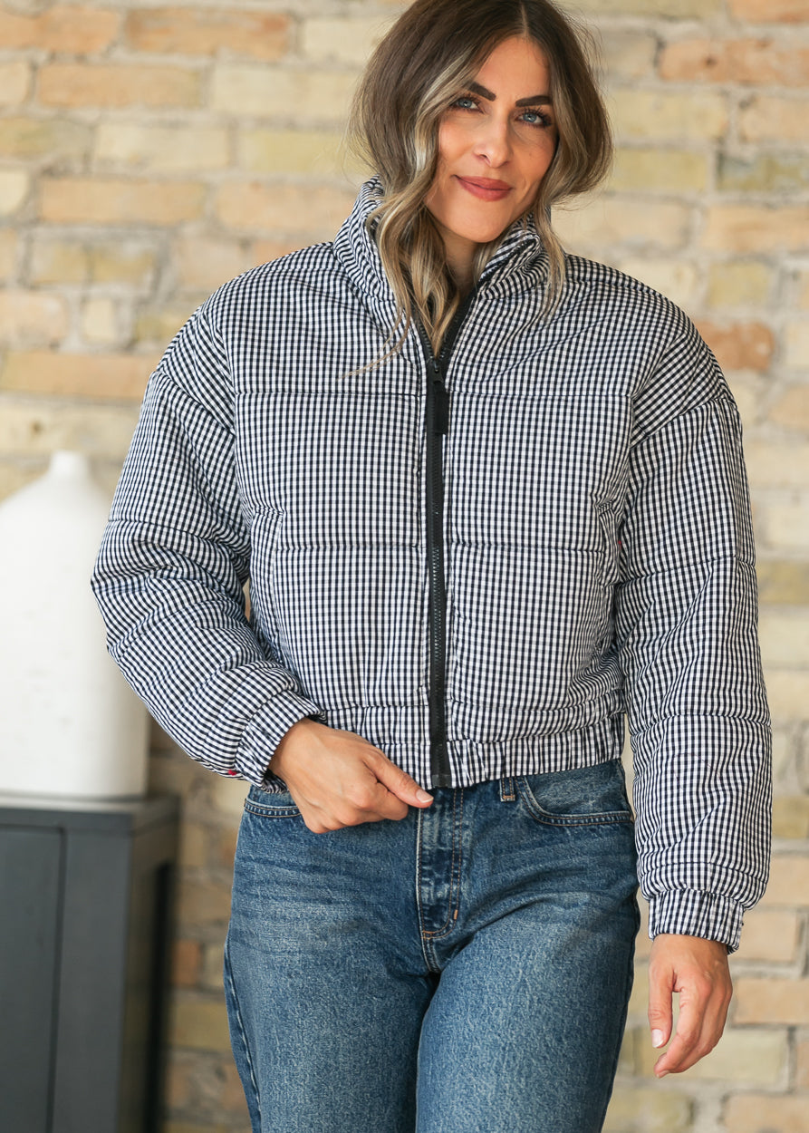 Black Gingham Zip-Up Puffer Jacket FF Tops