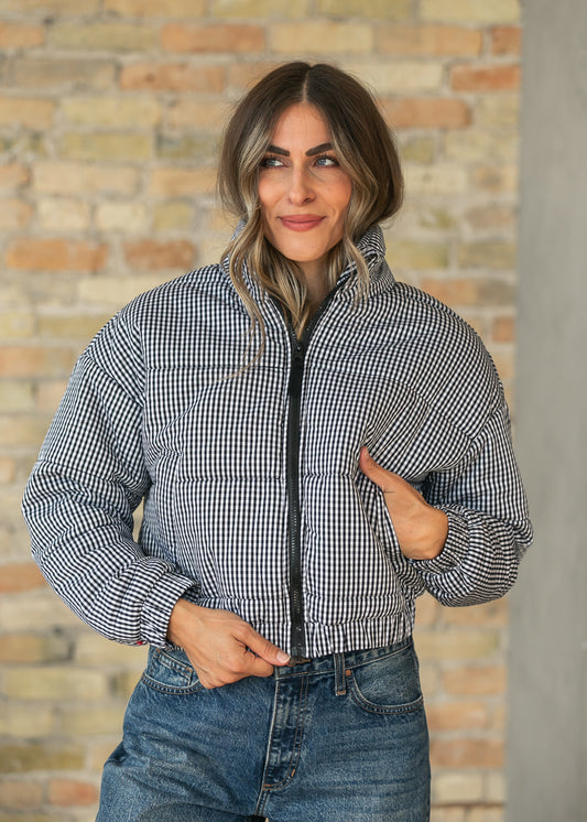 Black Gingham Zip-Up Puffer Jacket FF Tops S
