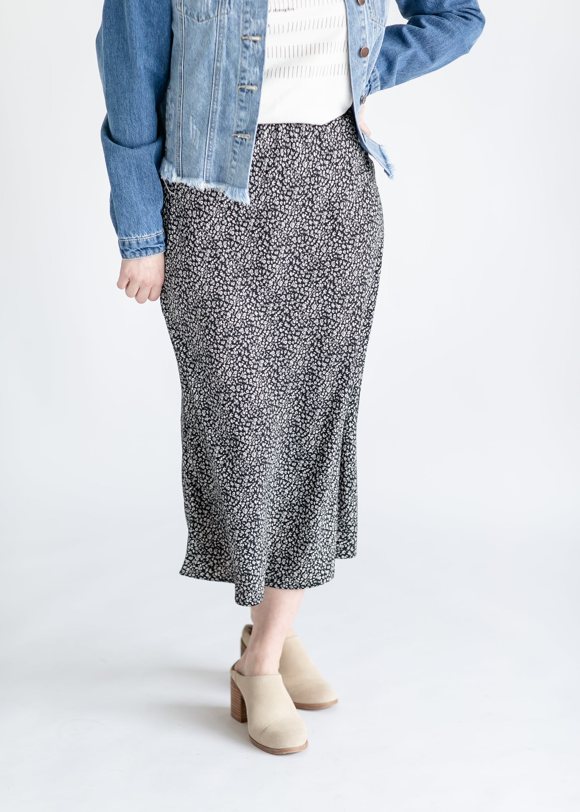 Black + Ivory Floral Print Midi Skirt FF Skirts