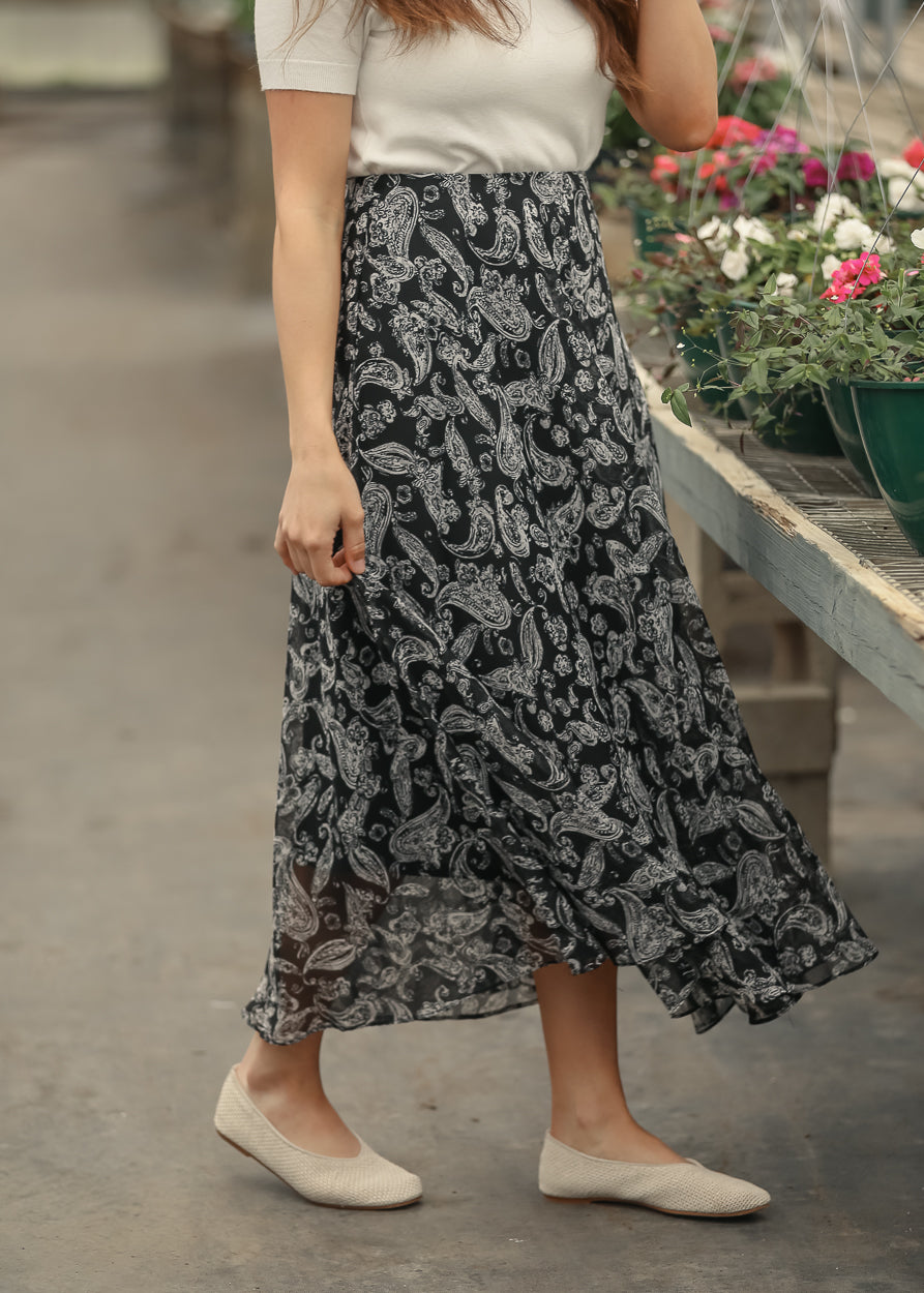 Black Paisley Print Maxi Skirt FF Skirts