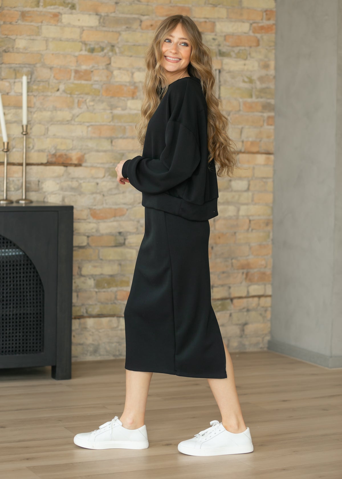 Black Soft Straight Midi Skirt