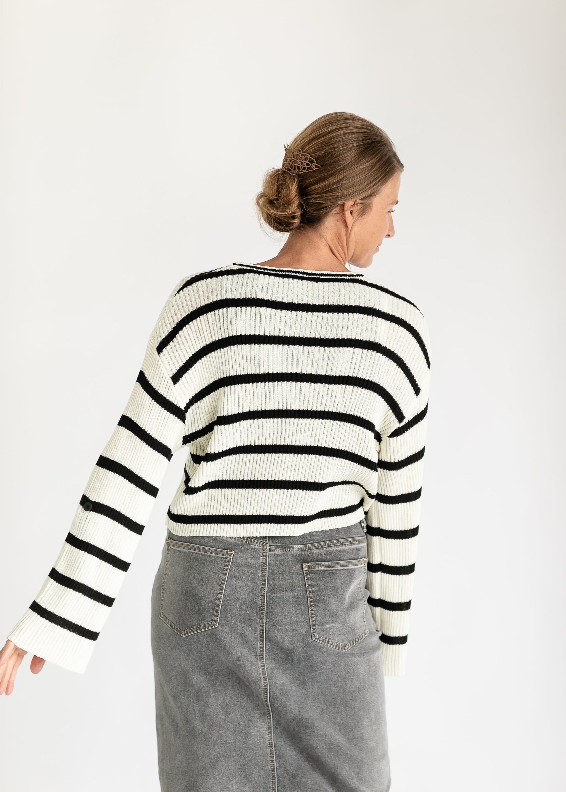 Black Striped Bell Sleeve Knit Top FF Tops