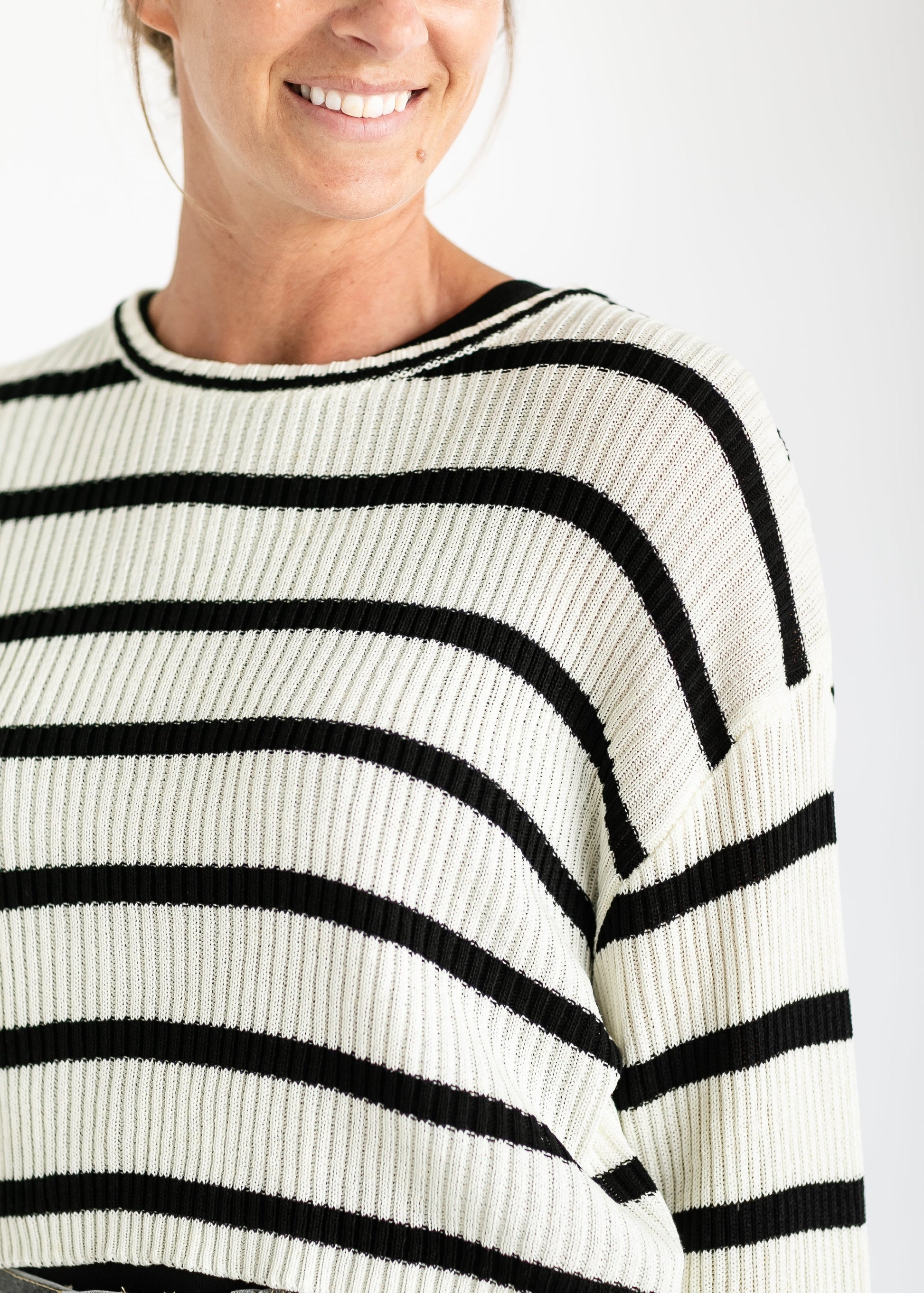 Black Striped Bell Sleeve Knit Top FF Tops